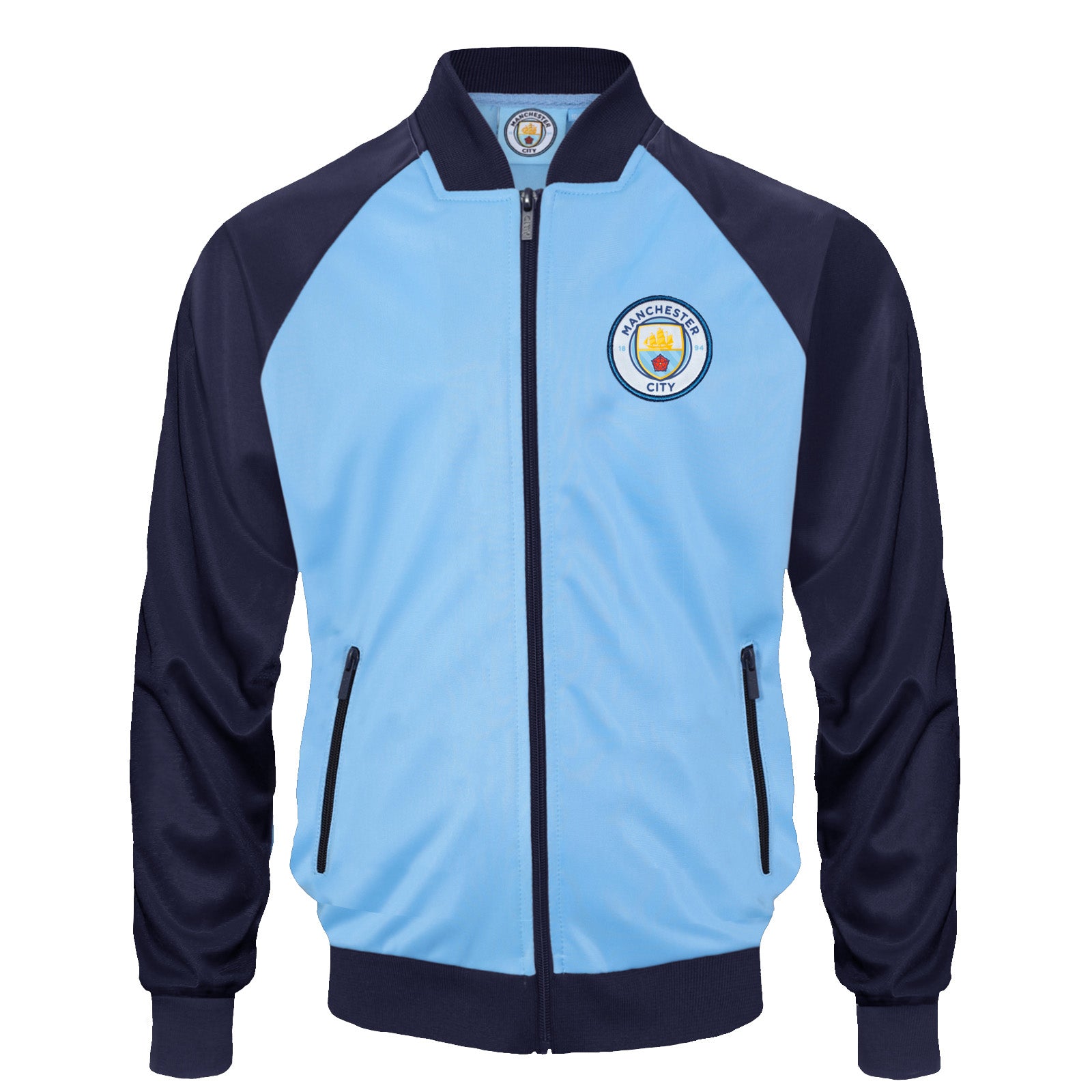 Man City kids retro track jacket in sky blue with club crest to chest.