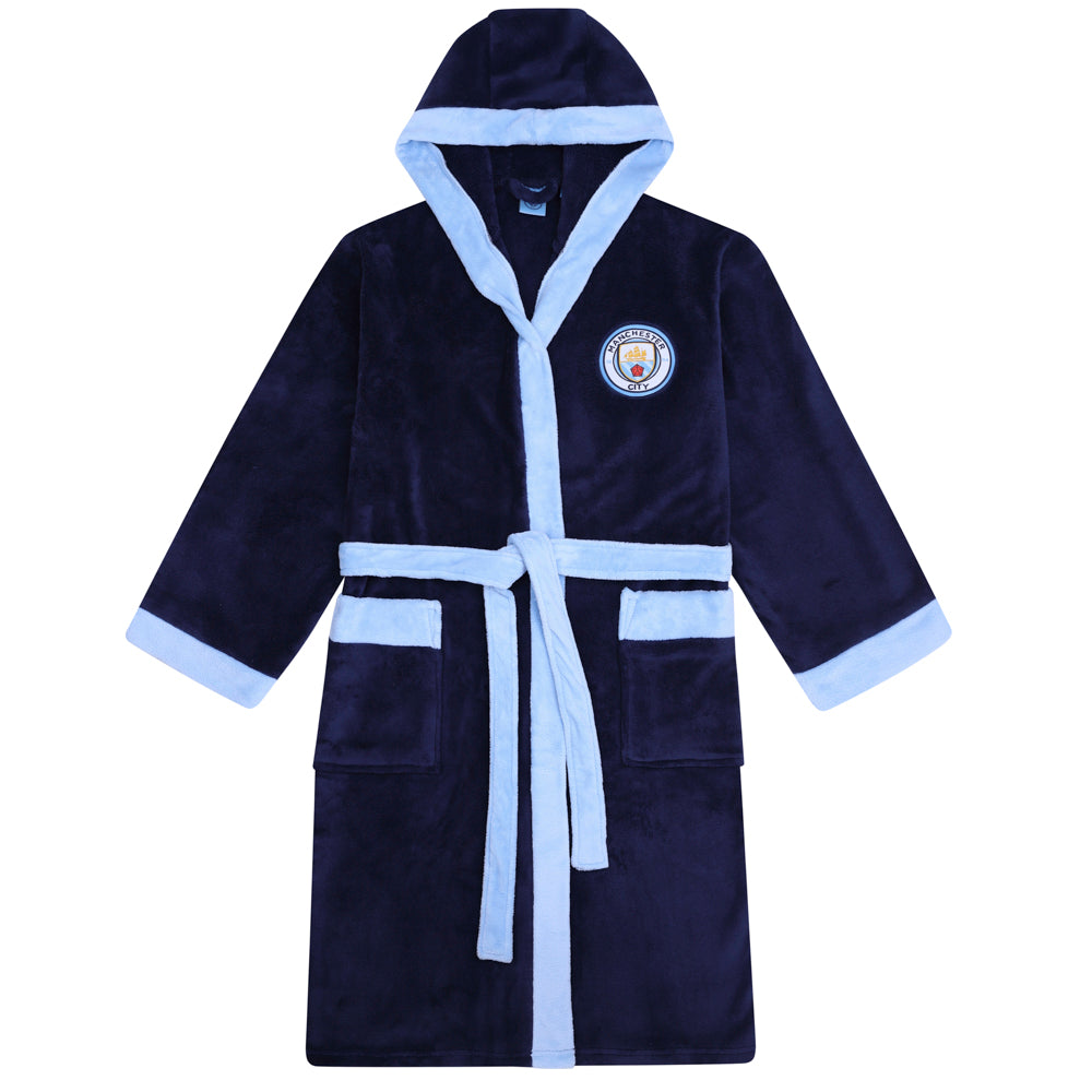Man City adults dressing gown in navy blue with crest.