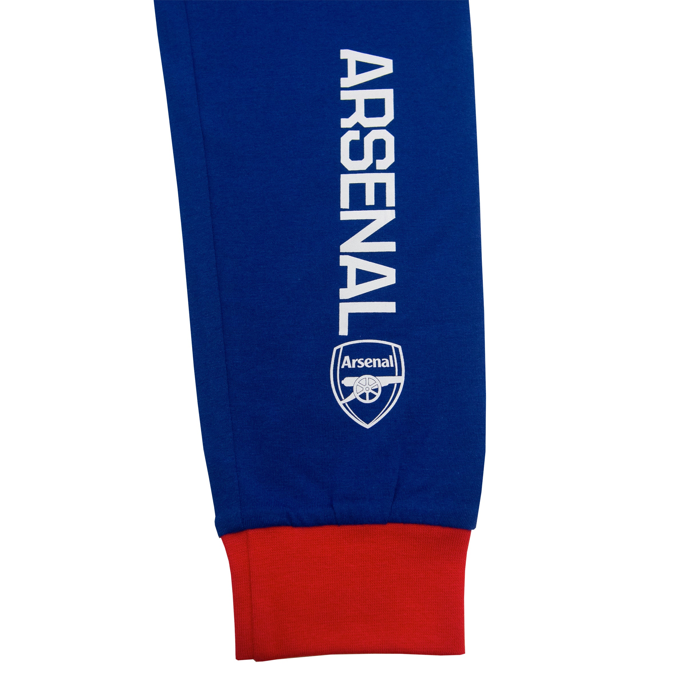 Arsenal kids long pyjamas in blue. Long sleeve top with graphic and crest. Long legged bottoms with club crest.