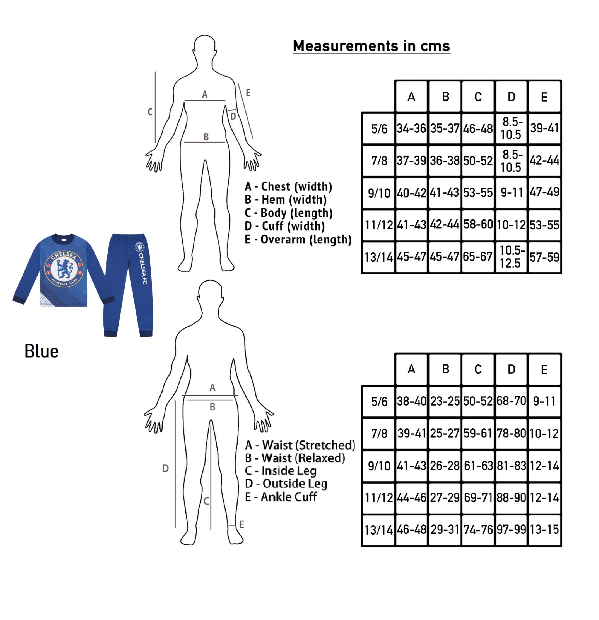 Chelsea kids long pyjamas in blue. Long sleeved top with graphic print and long bottoms.