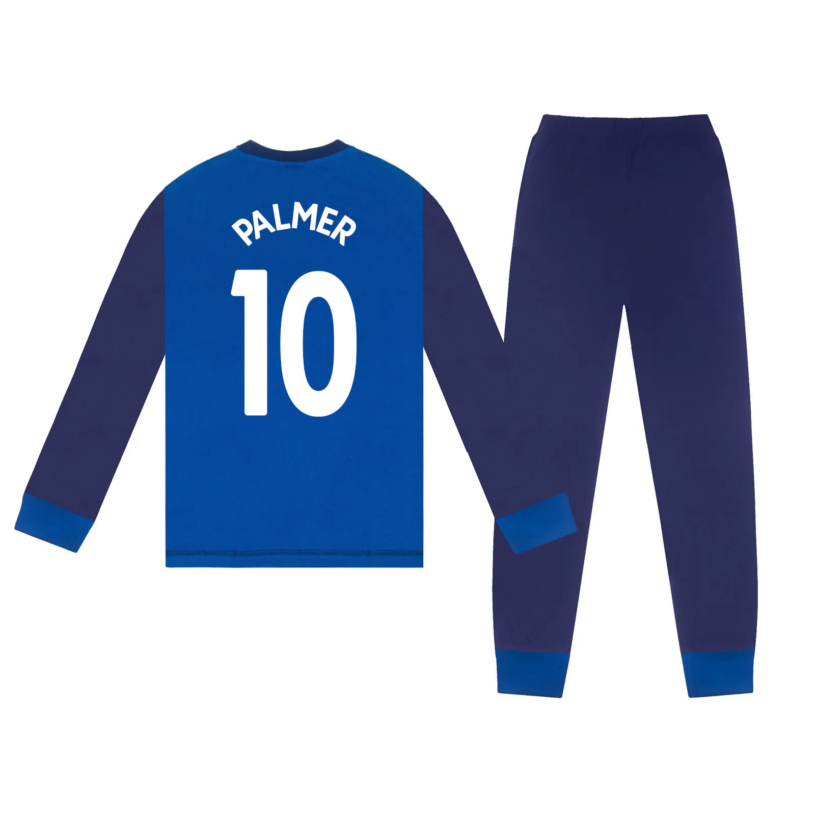 Chelsea kids long pyjamas in blue. Long sleeved top with graphic print and long bottoms.