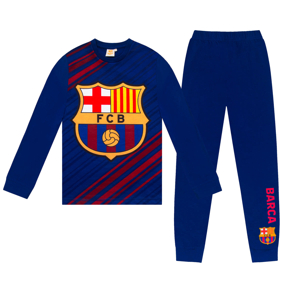FC Barcelona kids long pyjamas in reflex blue. Long sleeve top featuring the club crest. Long legged bottoms with the club crest and Barca Text.