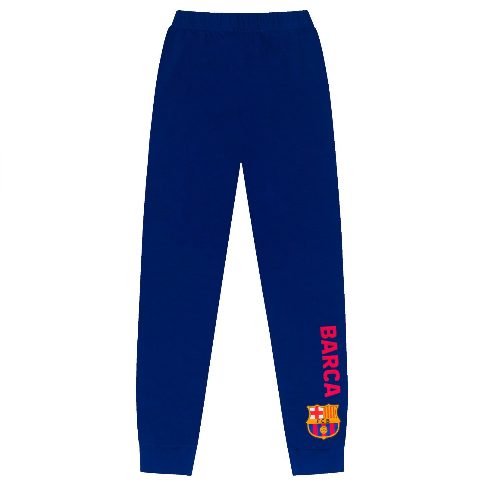FC Barcelona kids long pyjamas in reflex blue. Long sleeve top featuring the club crest. Long legged bottoms with the club crest and Barca Text.