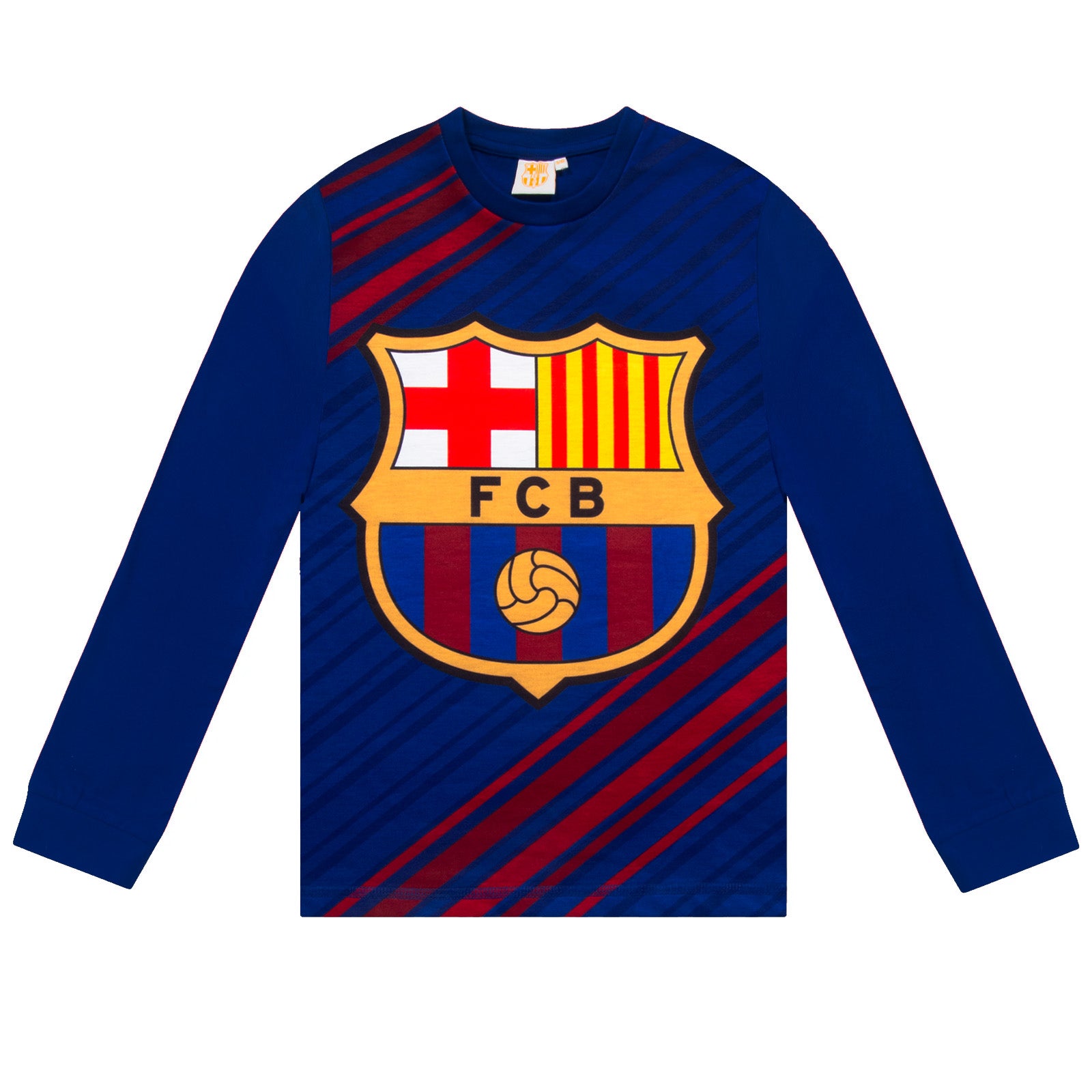 FC Barcelona kids long pyjamas in reflex blue. Long sleeve top featuring the club crest. Long legged bottoms with the club crest and Barca Text.