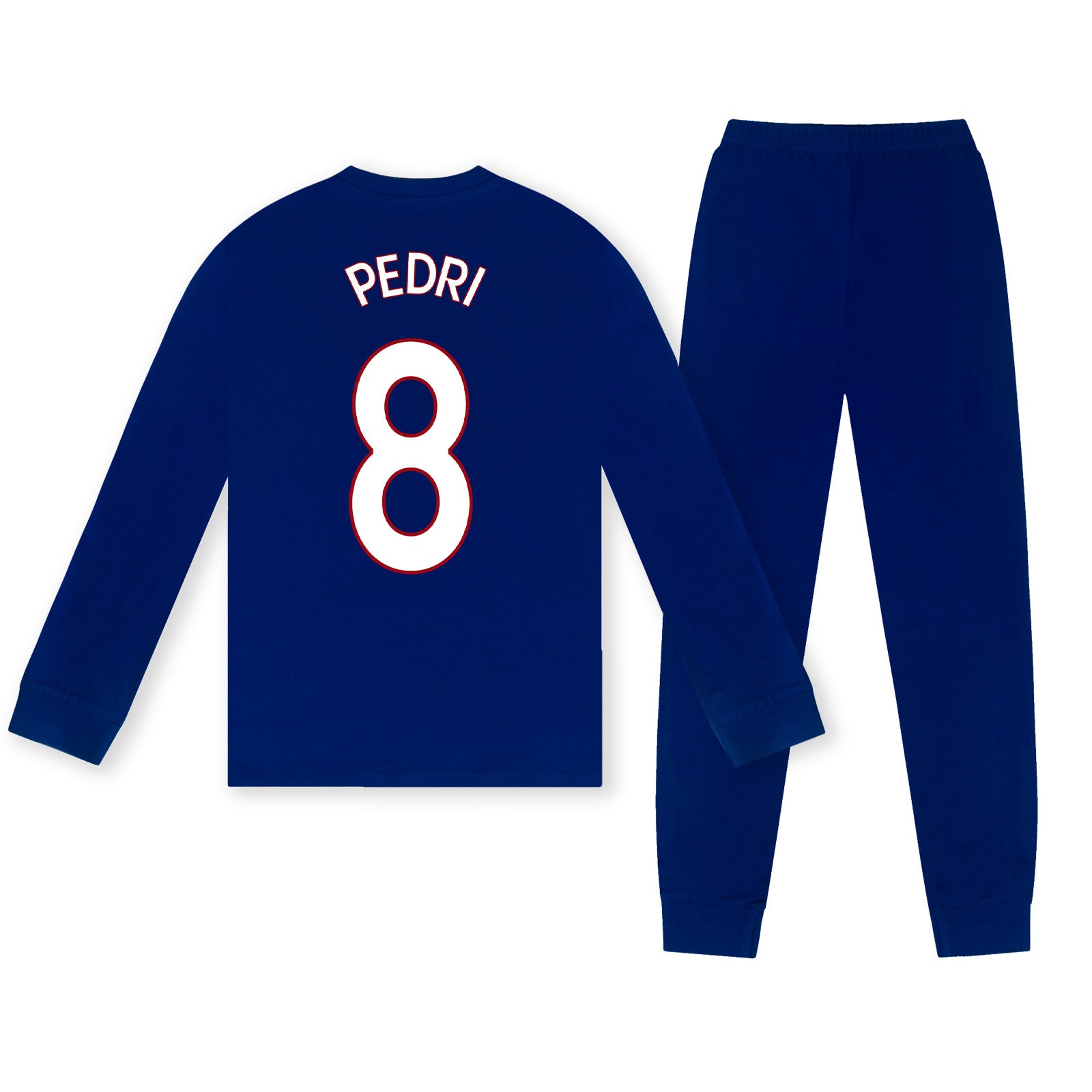 FC Barcelona kids long pyjamas in reflex blue. Long sleeve top featuring the club crest. Long legged bottoms with the club crest and Barca Text.