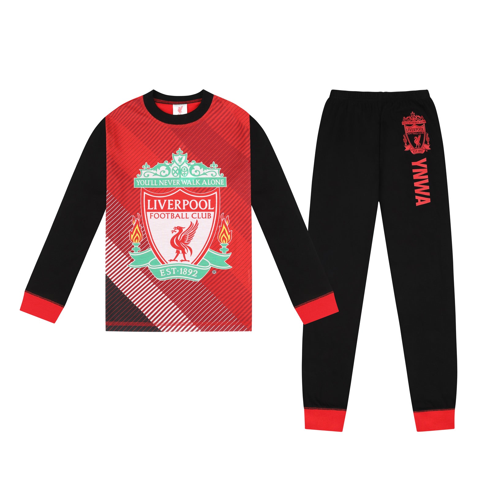 Liverpool kids long pyjamas in red. Long sleeve top with club crest. Long legged bottoms with crest.