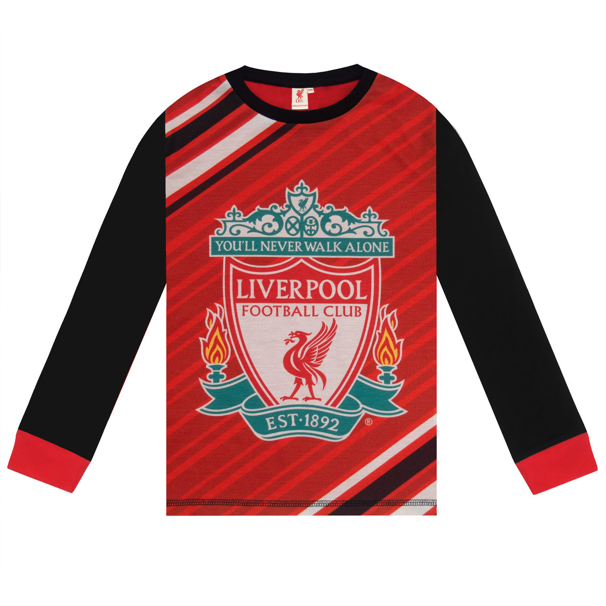 Liverpool kids long pyjamas in red & black. Long sleeve top with club crest. Long legged bottoms with crest.