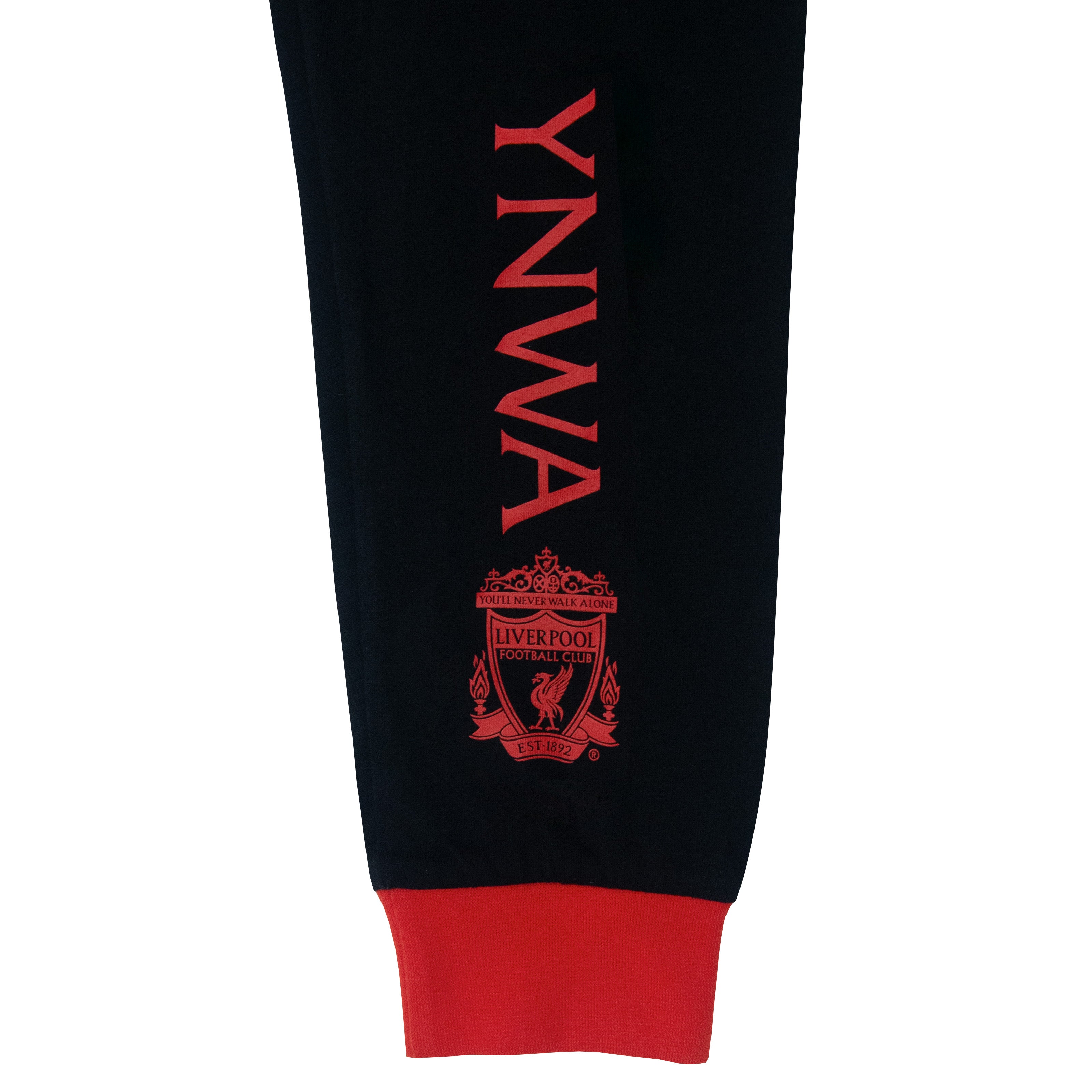Liverpool kids long pyjamas in red & black. Long sleeve top with club crest. Long legged bottoms with crest.