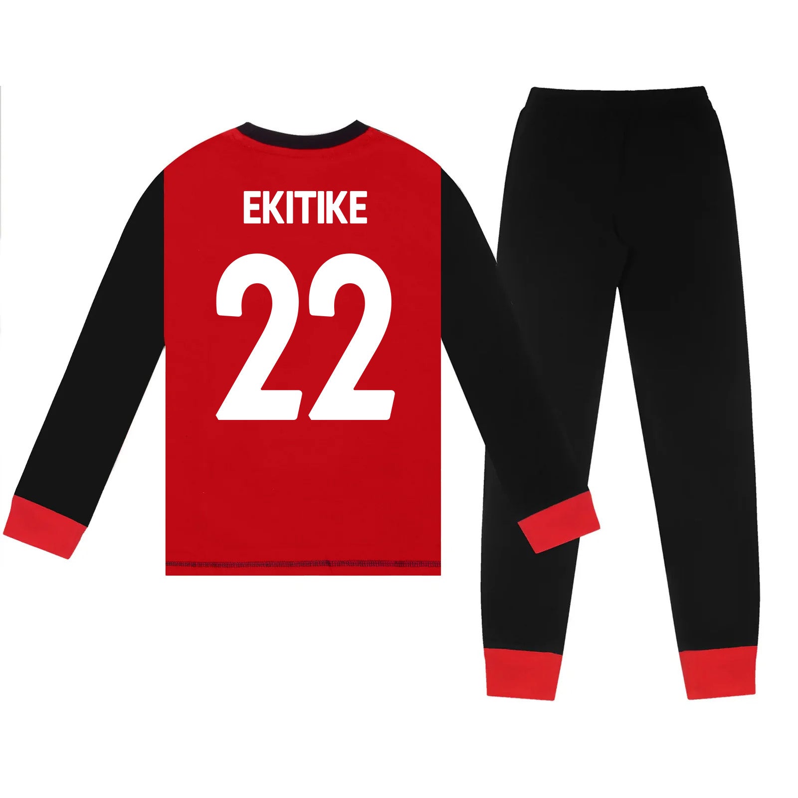 Liverpool kids long pyjamas in red & black. Long sleeve top with club crest. Long legged bottoms with crest.