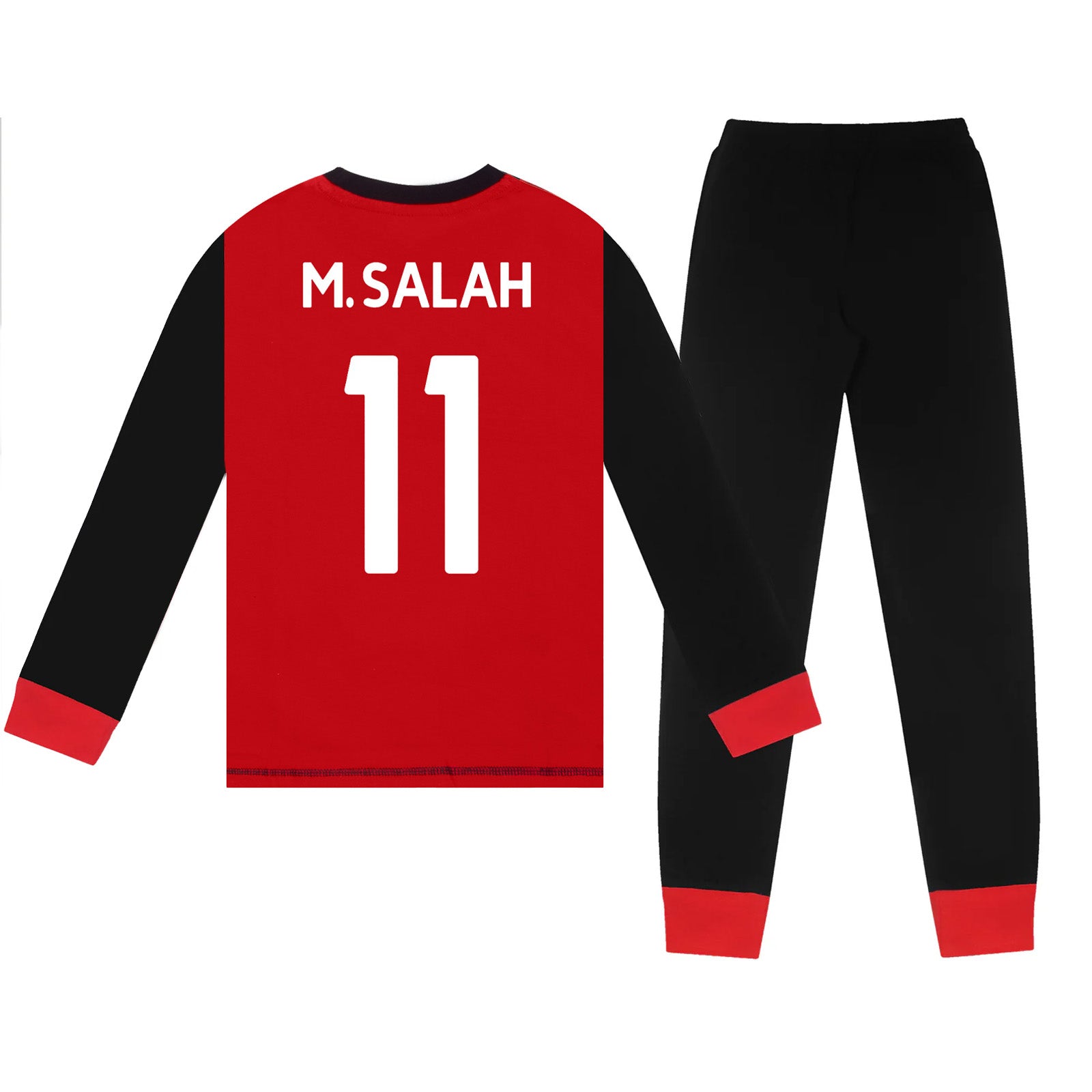 Liverpool kids long pyjamas in red & black. Long sleeve top with club crest. Long legged bottoms with crest.