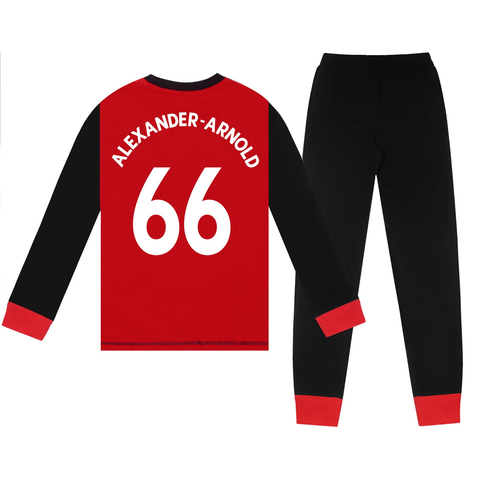 Liverpool kids long pyjamas in red & black. Long sleeve top with club crest. Long legged bottoms with crest.