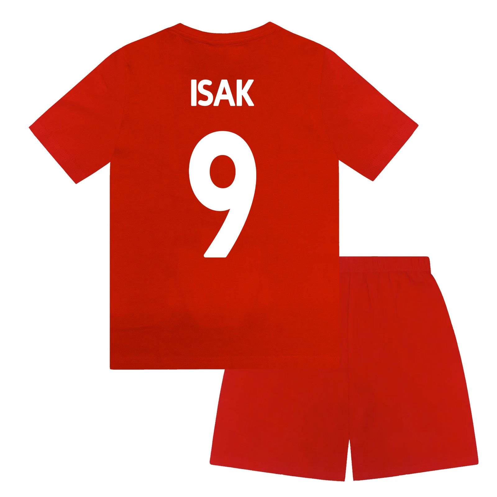 Liverpool kids pyjamas in red. Short sleeve top with graphic and shorts with logo to the left leg
