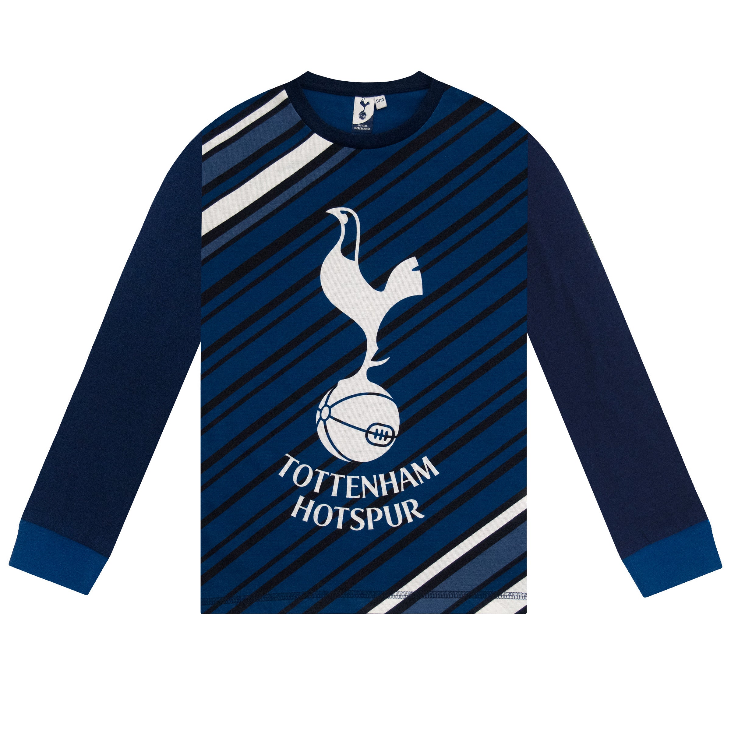 Spurs kids long pyjamas in navy blue with long sleeve top with graphic crest with long legged bottoms
