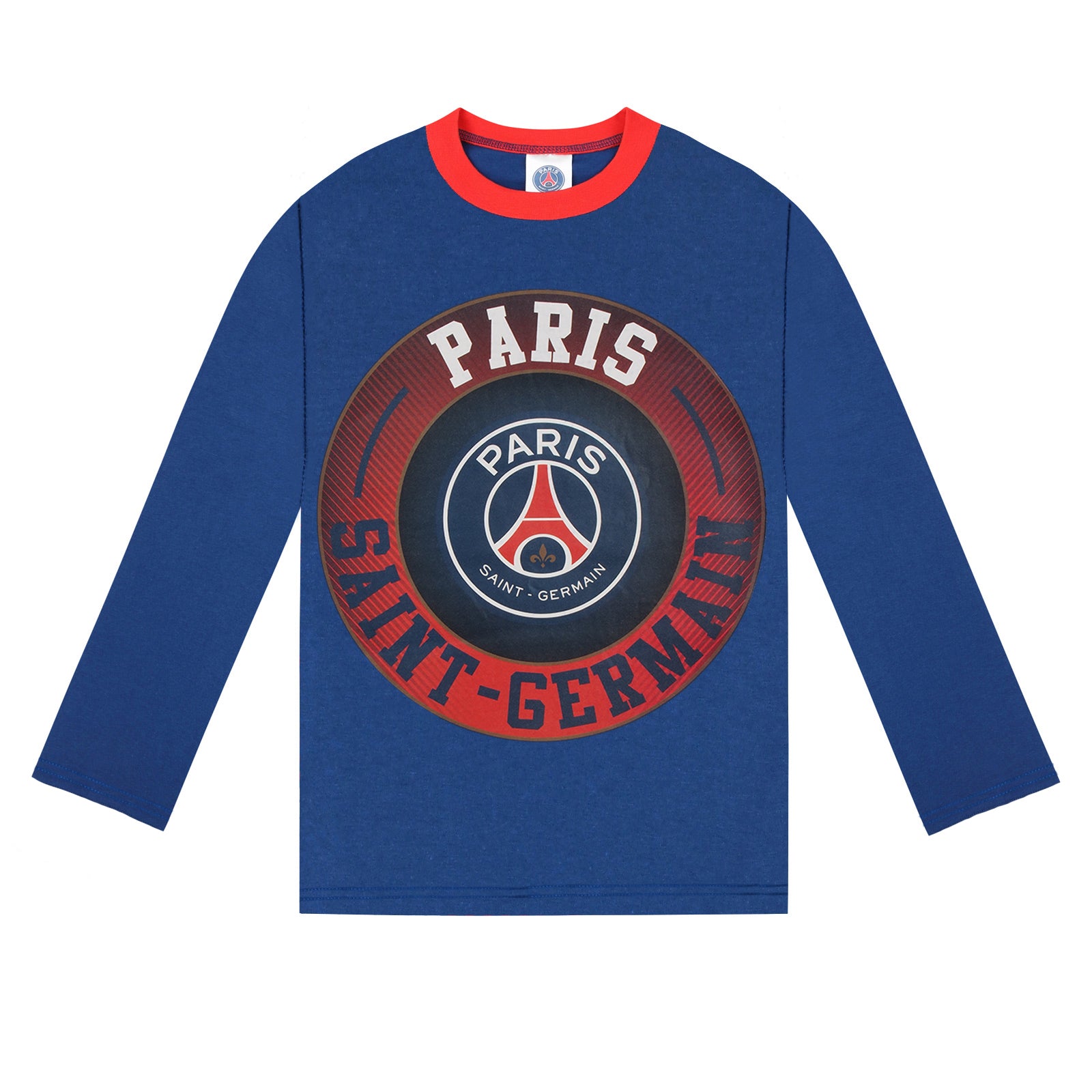 PSG kids long pyjamas in blue iwith long sleeve top with graphic crest with long legged bottoms