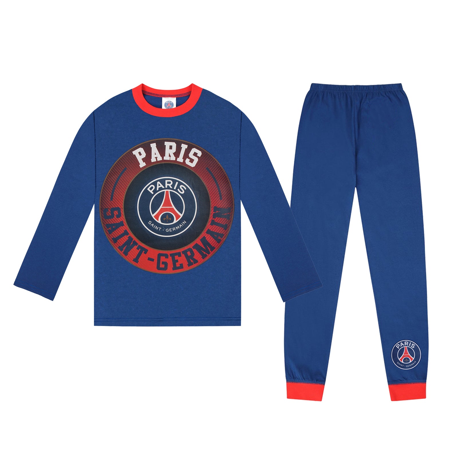 PSG kids long pyjamas in blue iwith long sleeve top with graphic crest with long legged bottoms