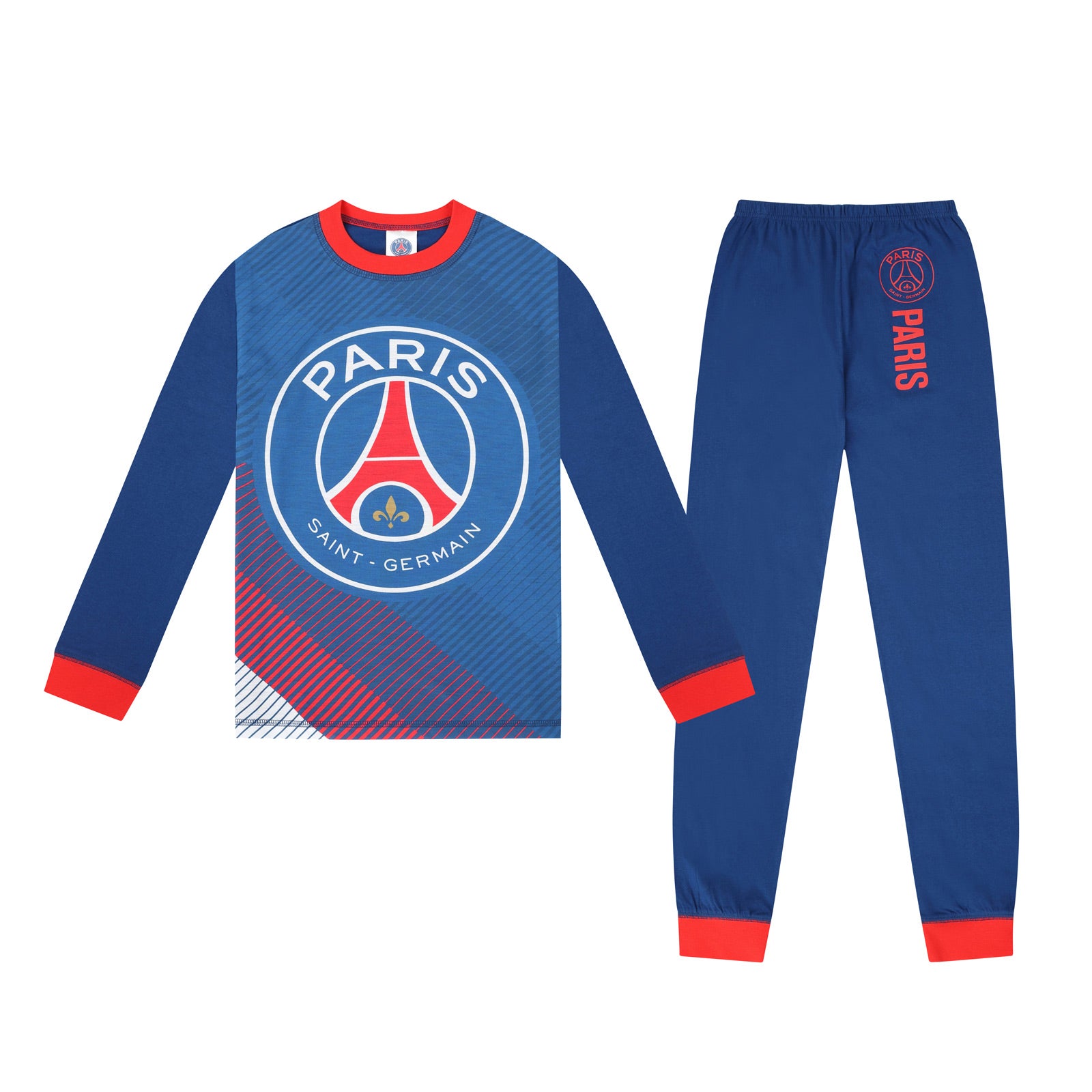 PSG kids long pyjamas in blue iwith long sleeve top with graphic crest with long legged bottoms