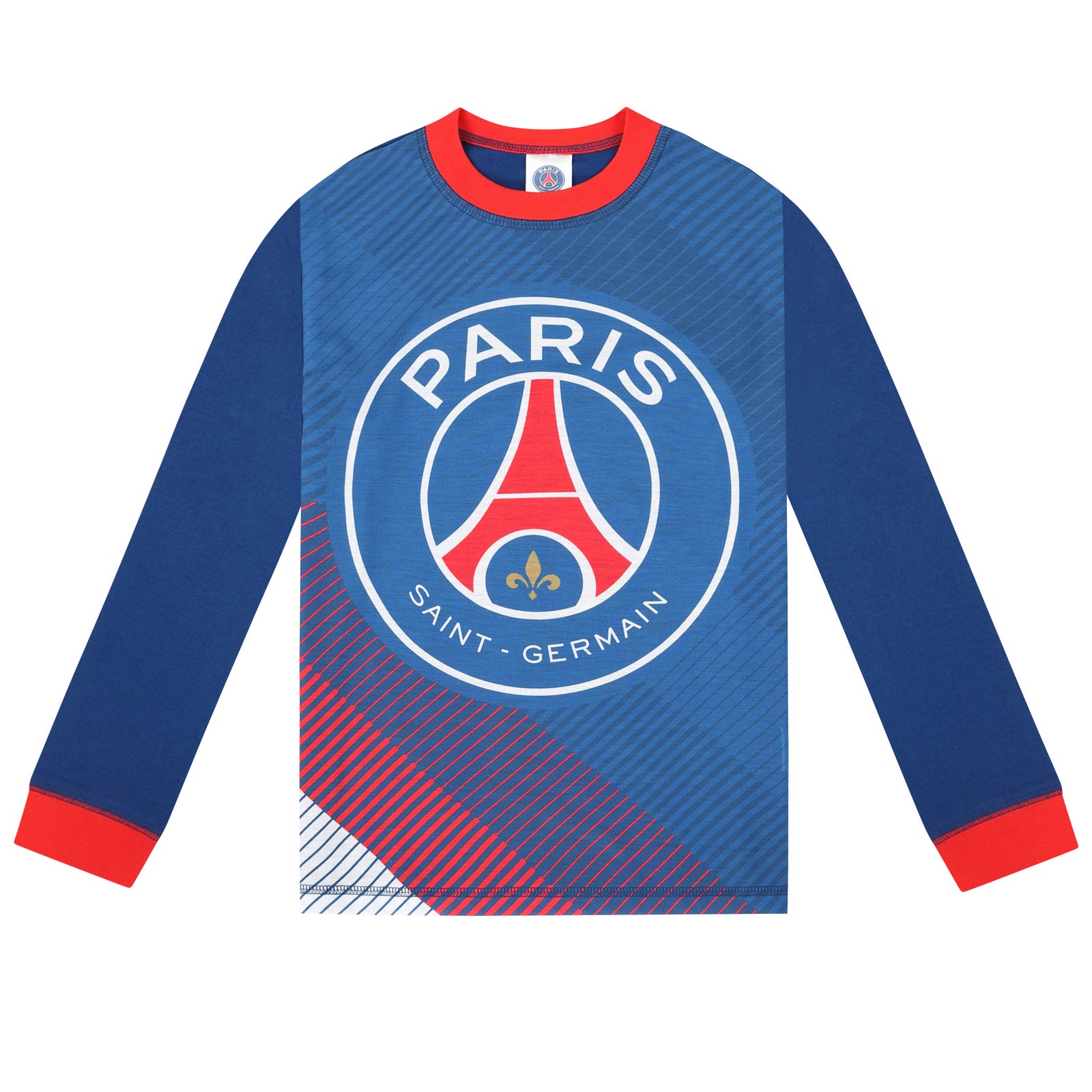 PSG kids long pyjamas in blue iwith long sleeve top with graphic crest with long legged bottoms