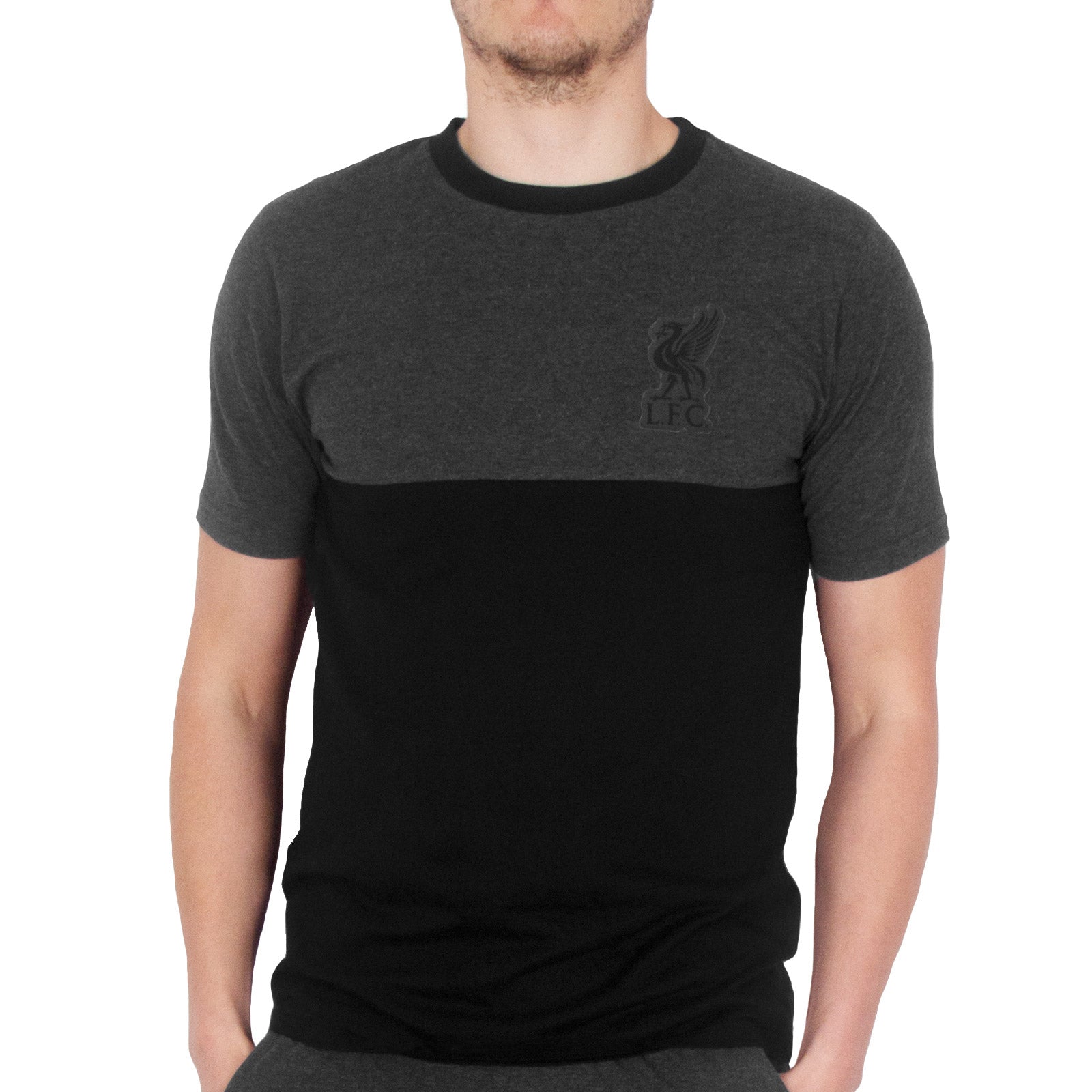 Liverpool adults long pyjamas in grey. Two-tone short sleeve top with club crest and long bottoms with badge