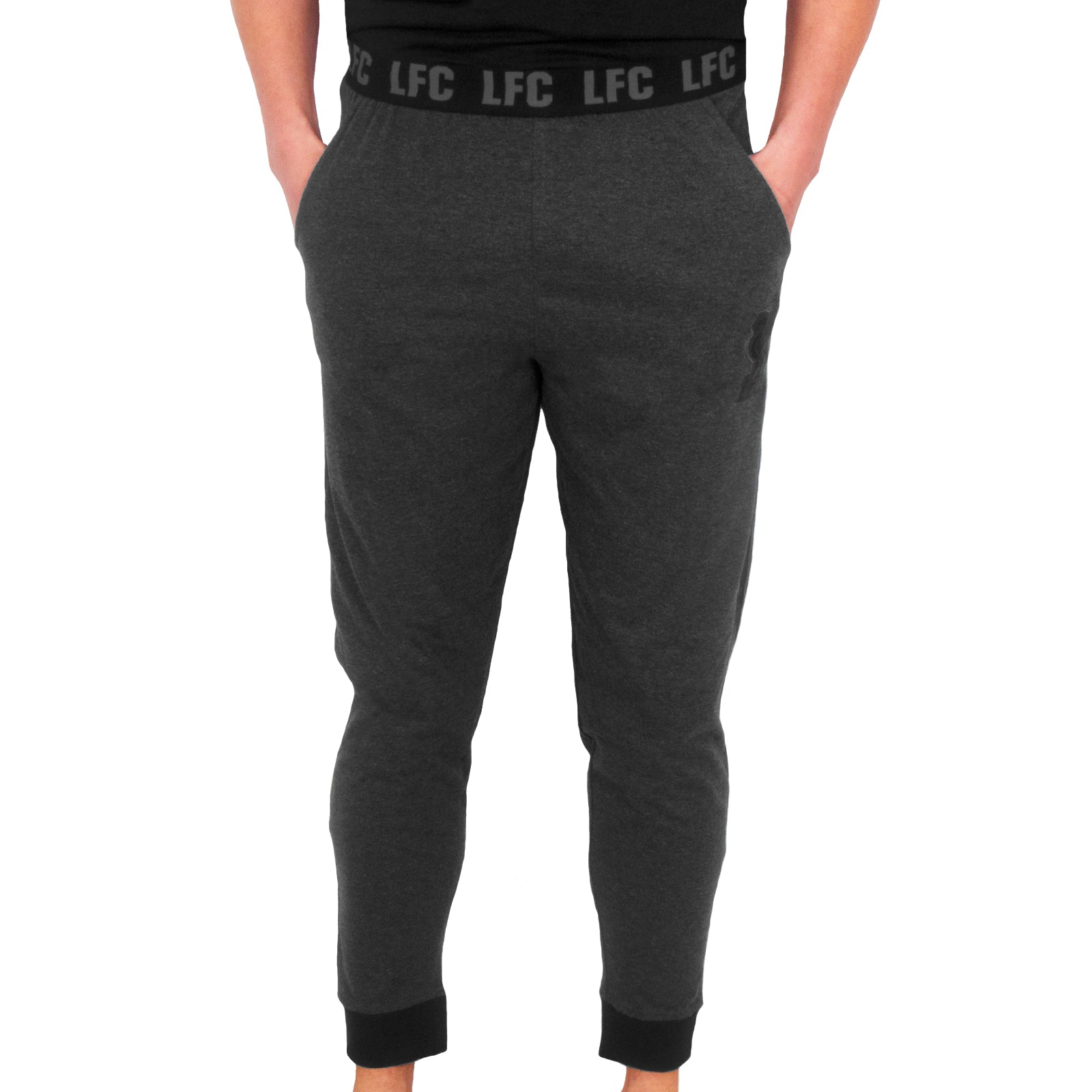 Liverpool adults long pyjamas in grey. Two-tone short sleeve top with club crest and long bottoms with badge