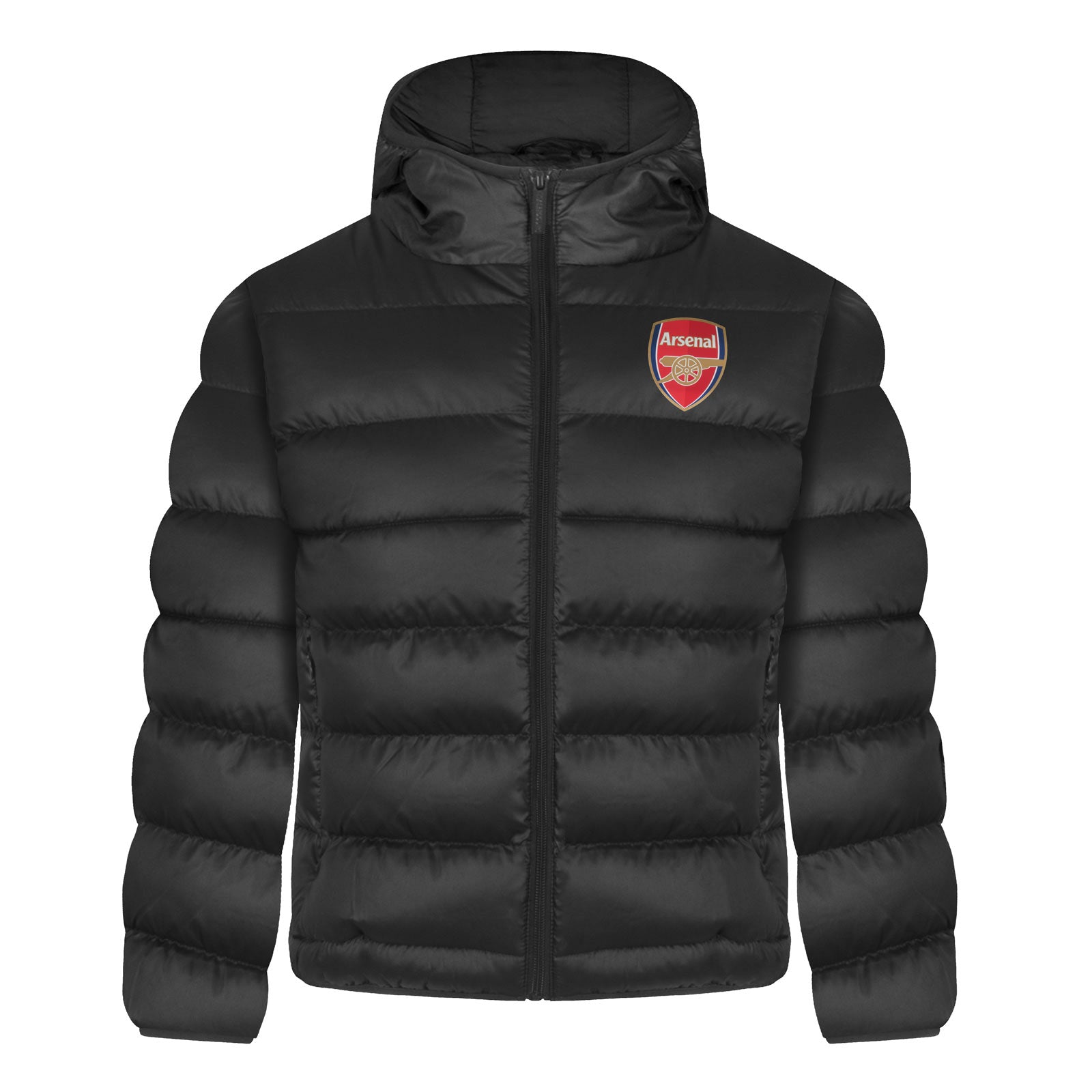 Arsenal kids quilted jacket coat in black with club crest to chest.
