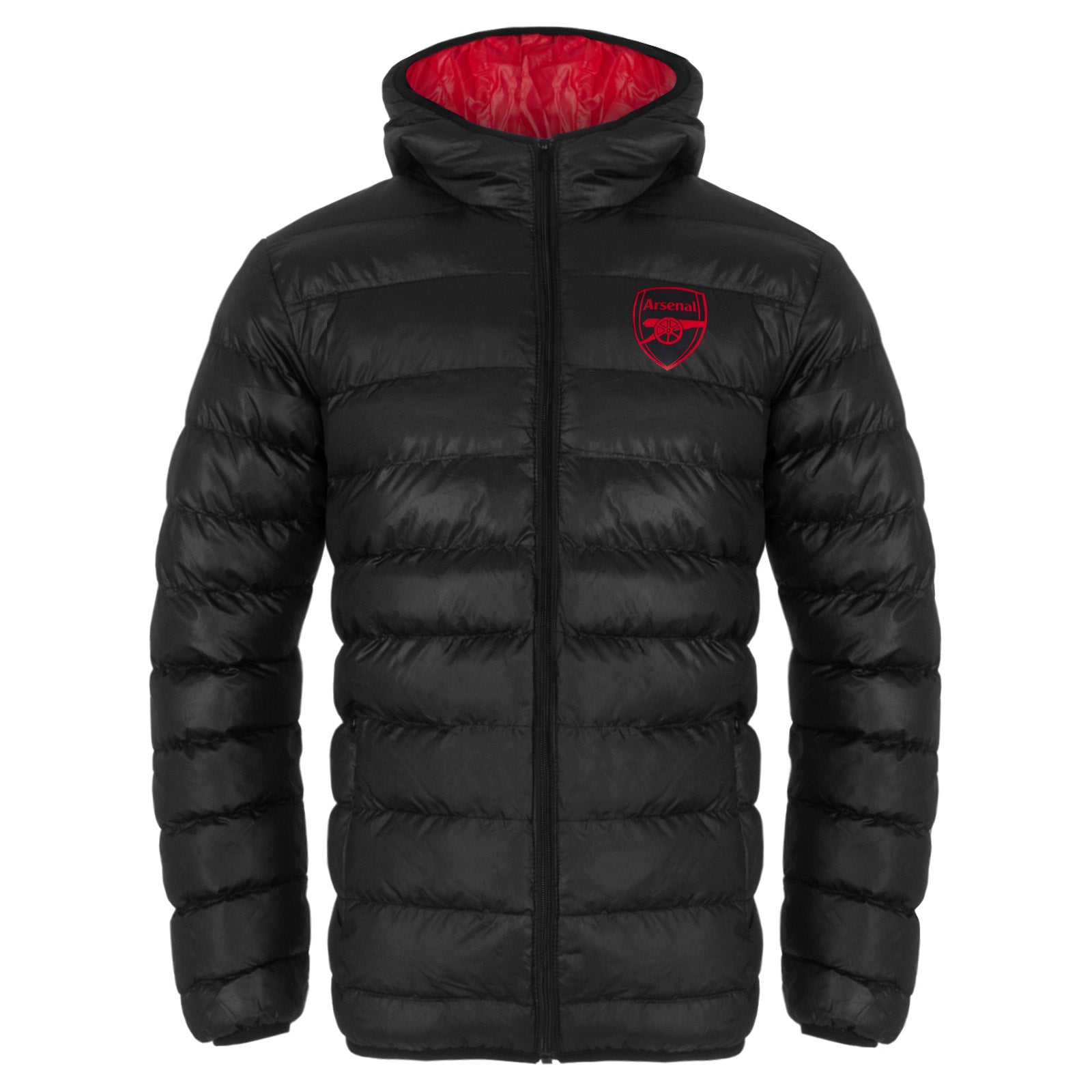 Arsenal adults quilted jacket in black with club crest to chest.