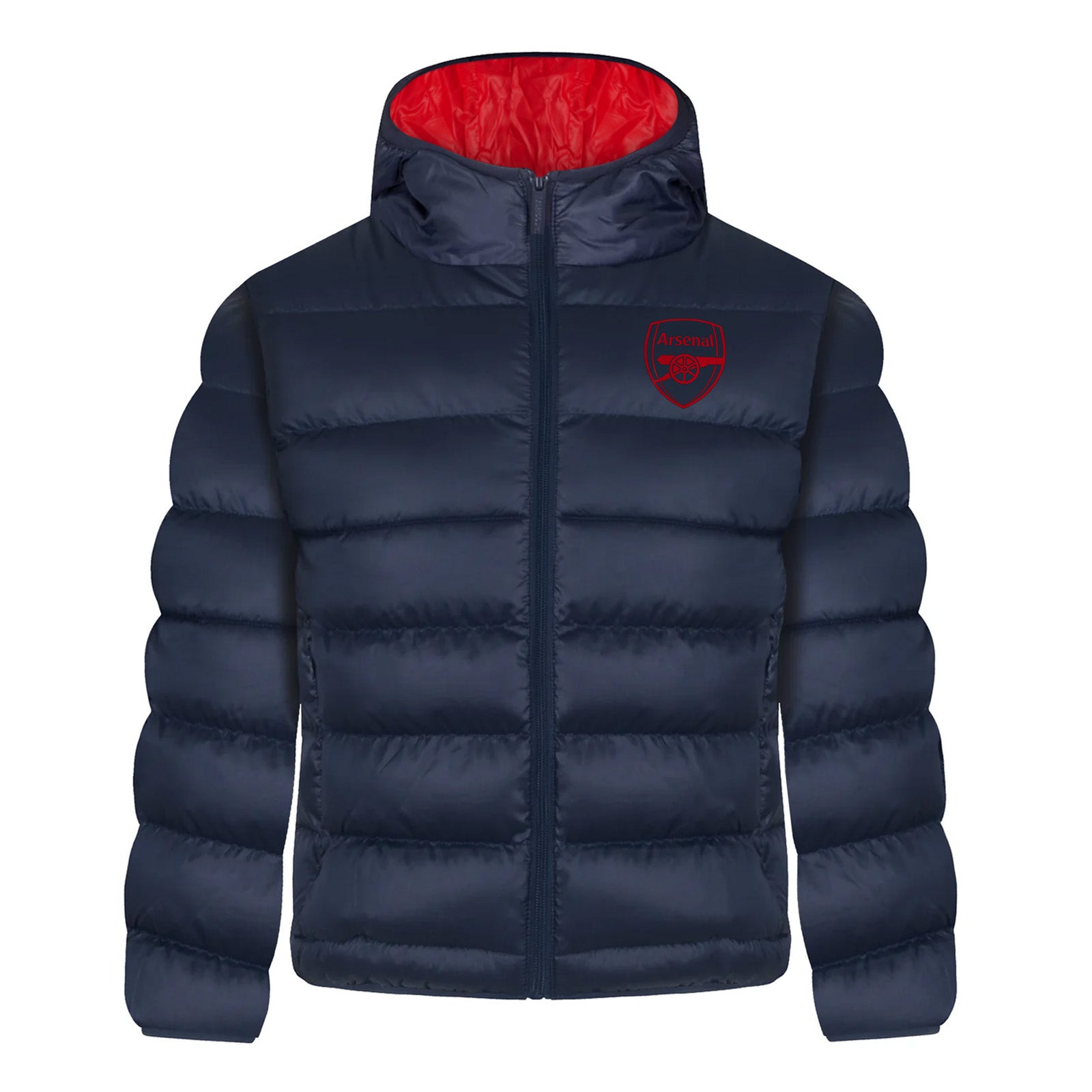 Arsenal kids quilted jacket in navy blue with club crest to chest.
