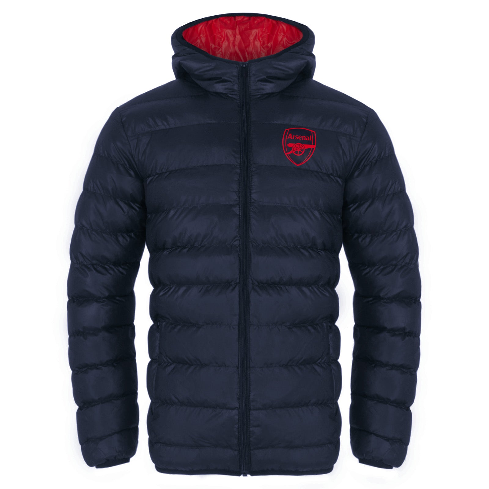 Arsenal adults quilted jacket in navy blue with club crest to chest.