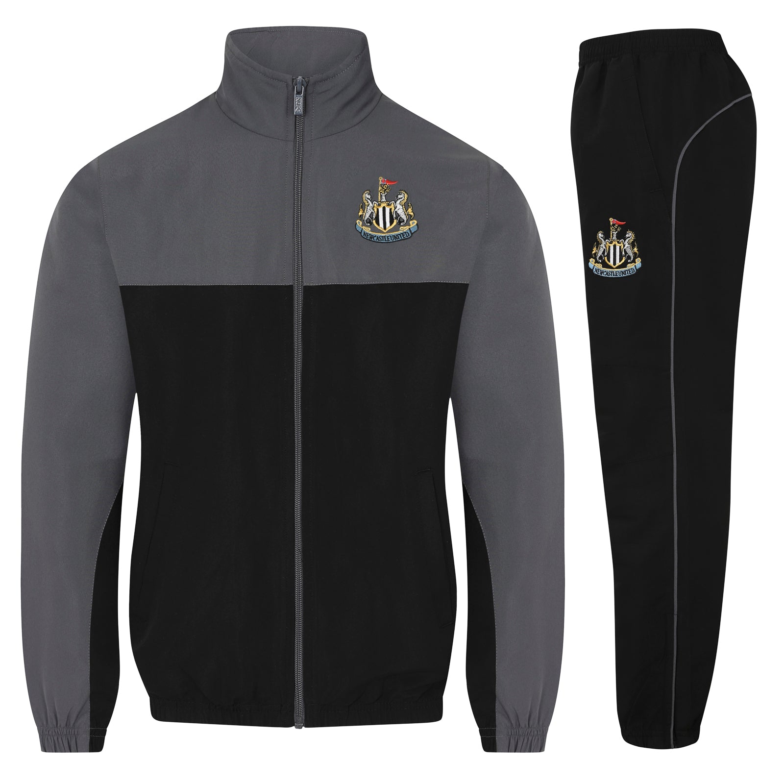 Newcastle Utd adults tracksuit in black with club crest to chest and left thigh