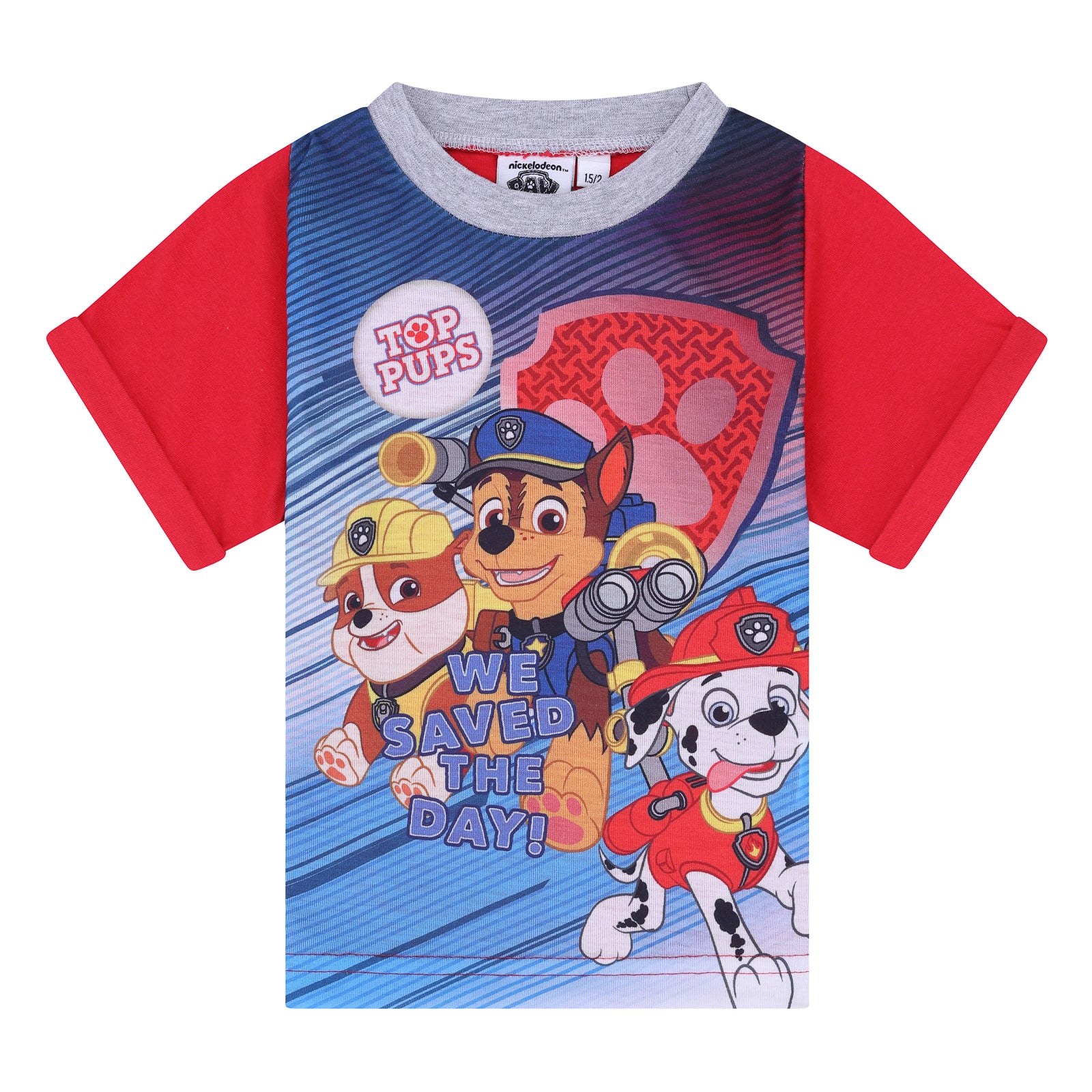 PAW Patrol kids pyjamas in blue. Short sleeve top with large character graphic to front and long bottoms.