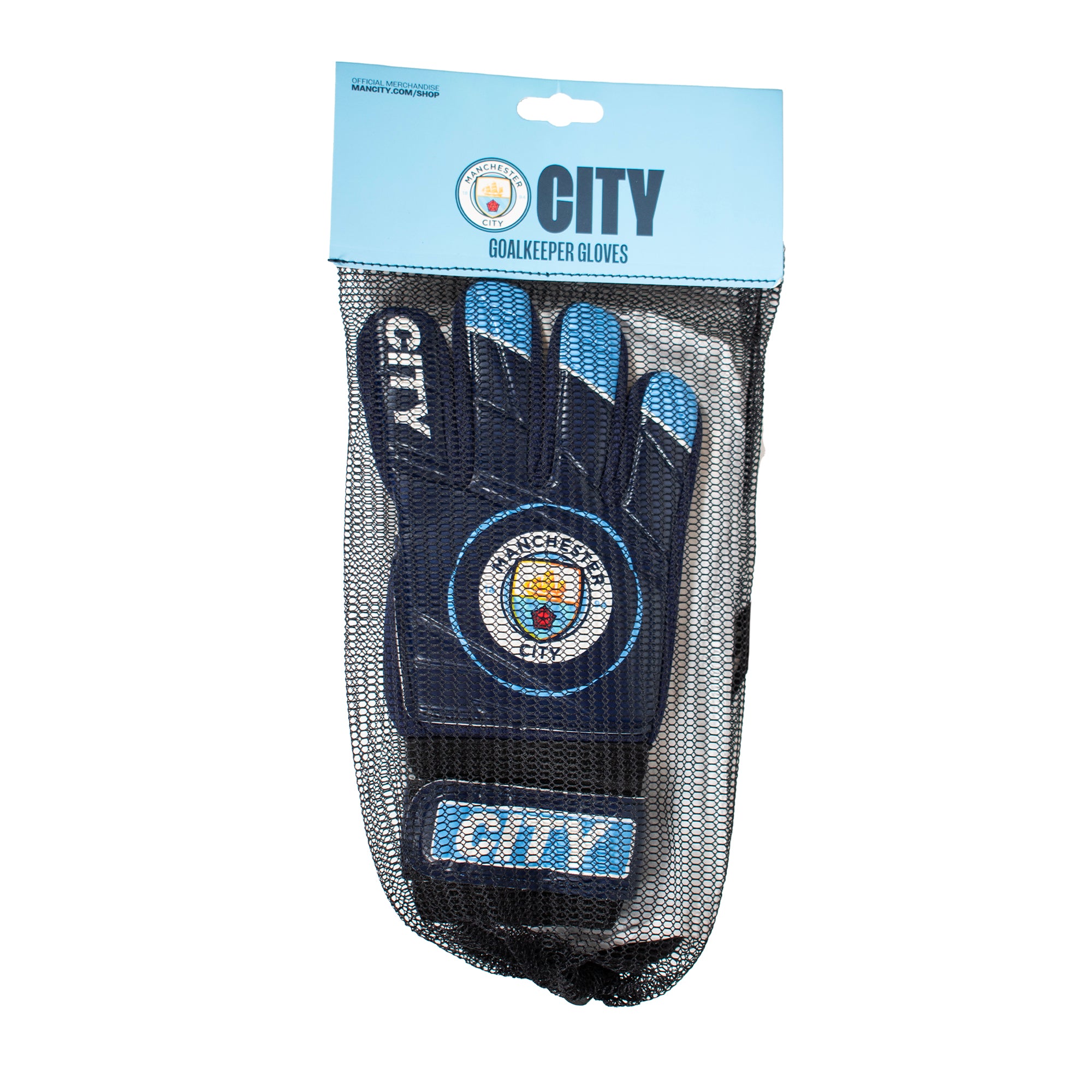 Man City blue goalkeeper gloves with MCFC crest & text print to each glove