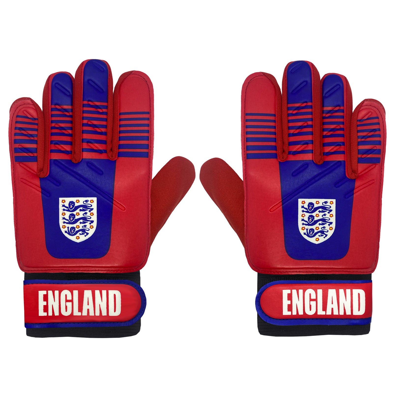 England goalkeeper gloves in red & navy blue with Three Lions crest & text print to each glove