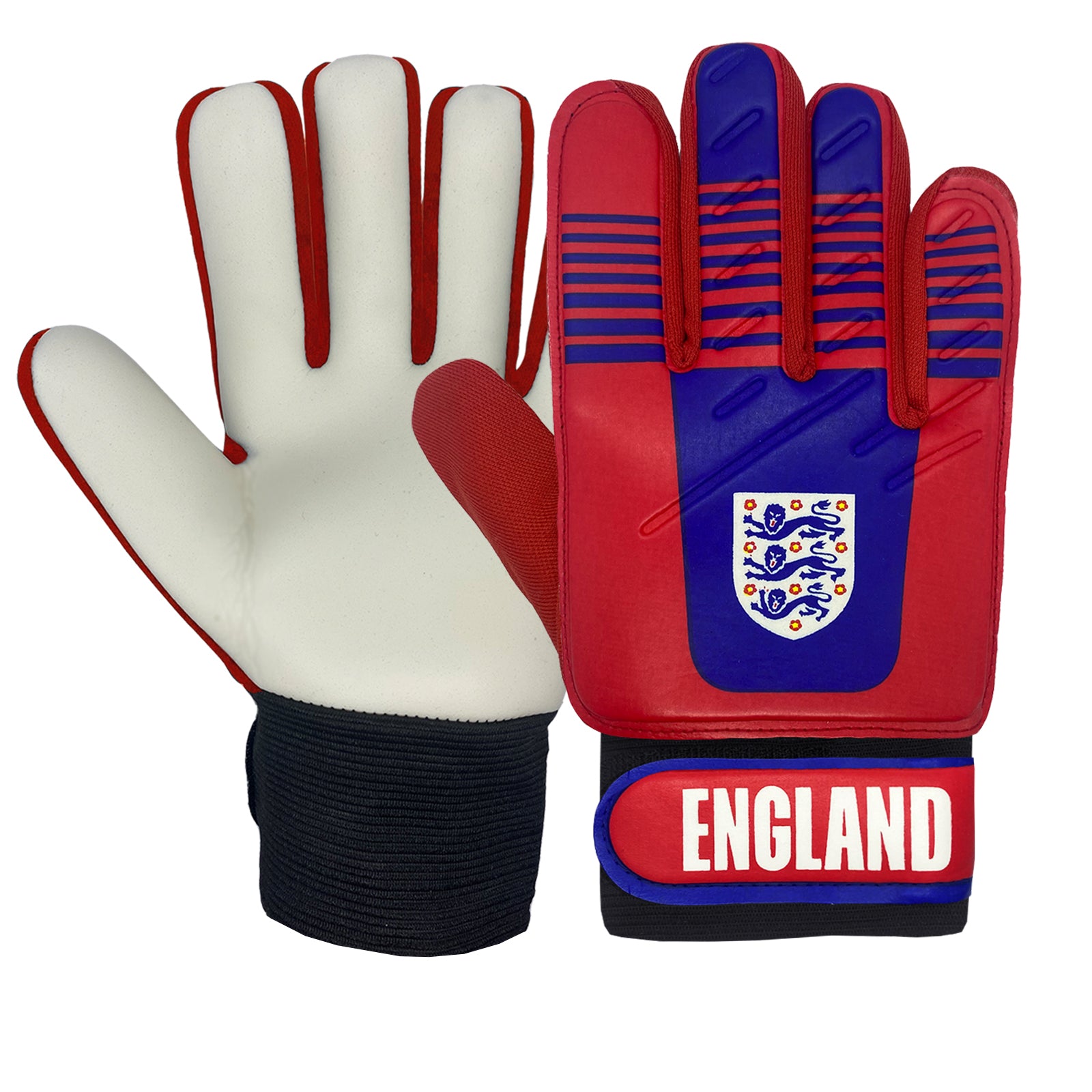 England goalkeeper gloves in red & navy blue with Three Lions crest & text print to each glove