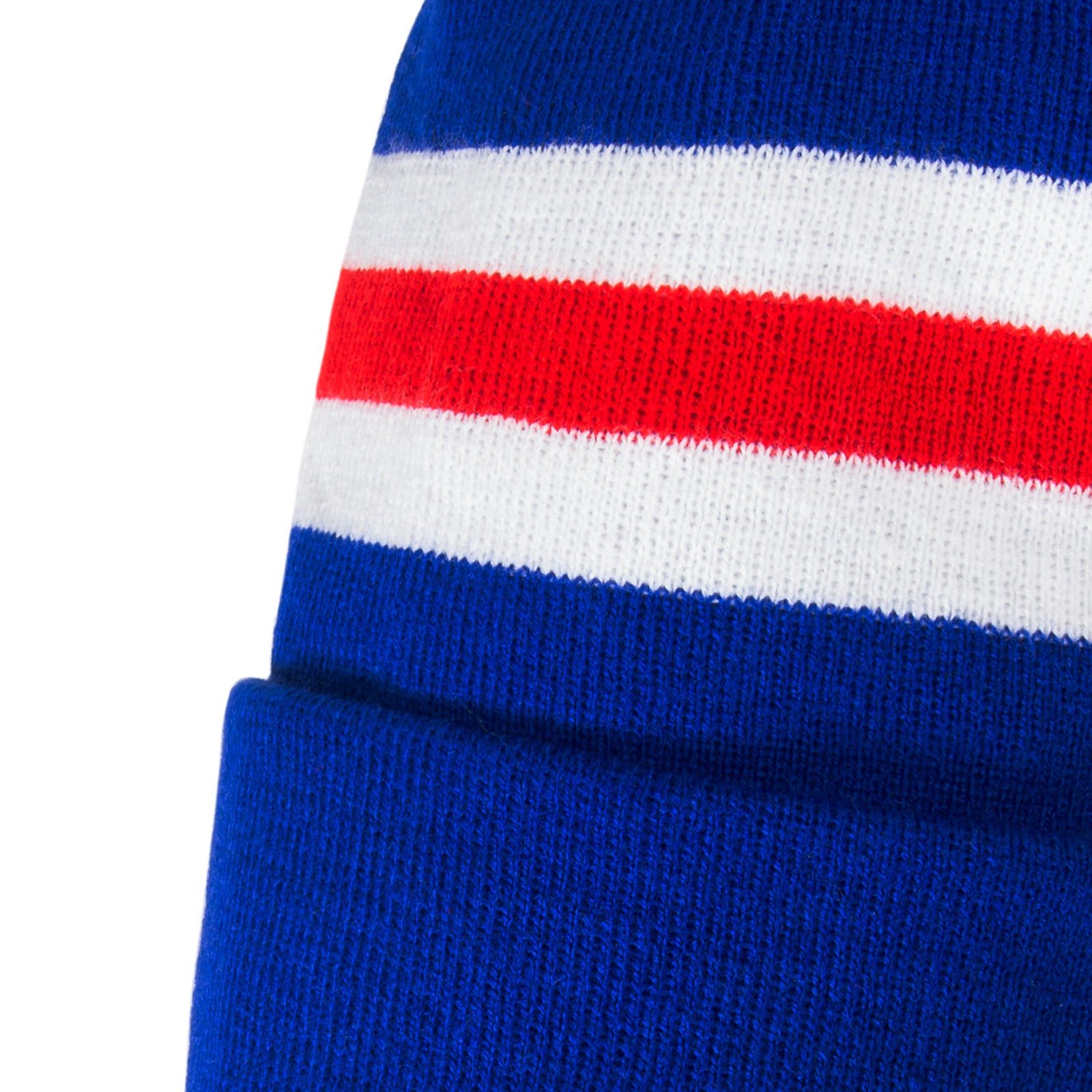 Rangers retro knitted beanie hat in blue, red & white