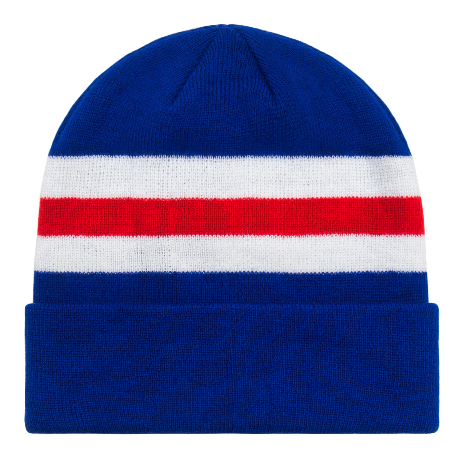 Rangers retro knitted beanie hat in blue, red & white