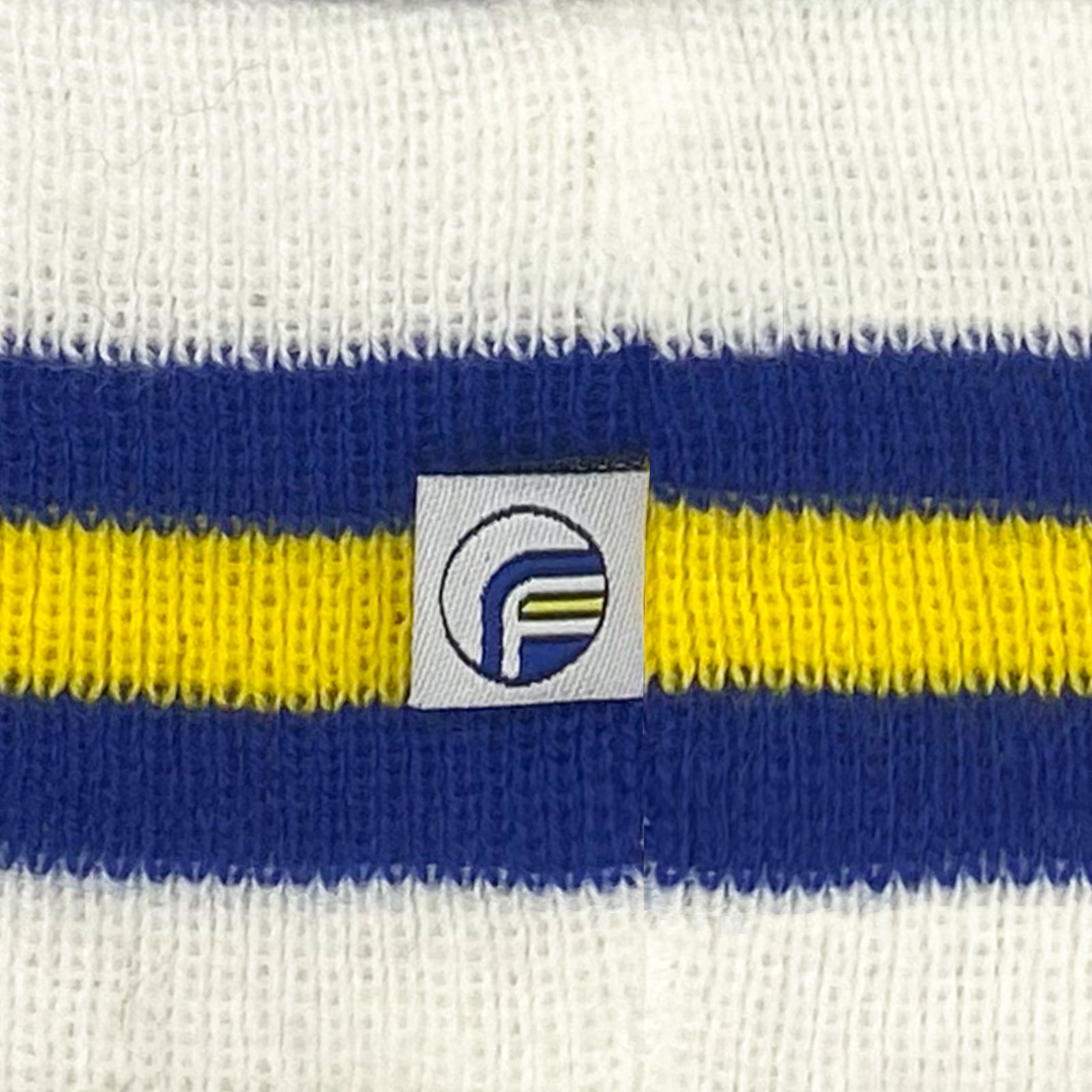 Leeds United retro knitted bobble hat in white, blue & yellow