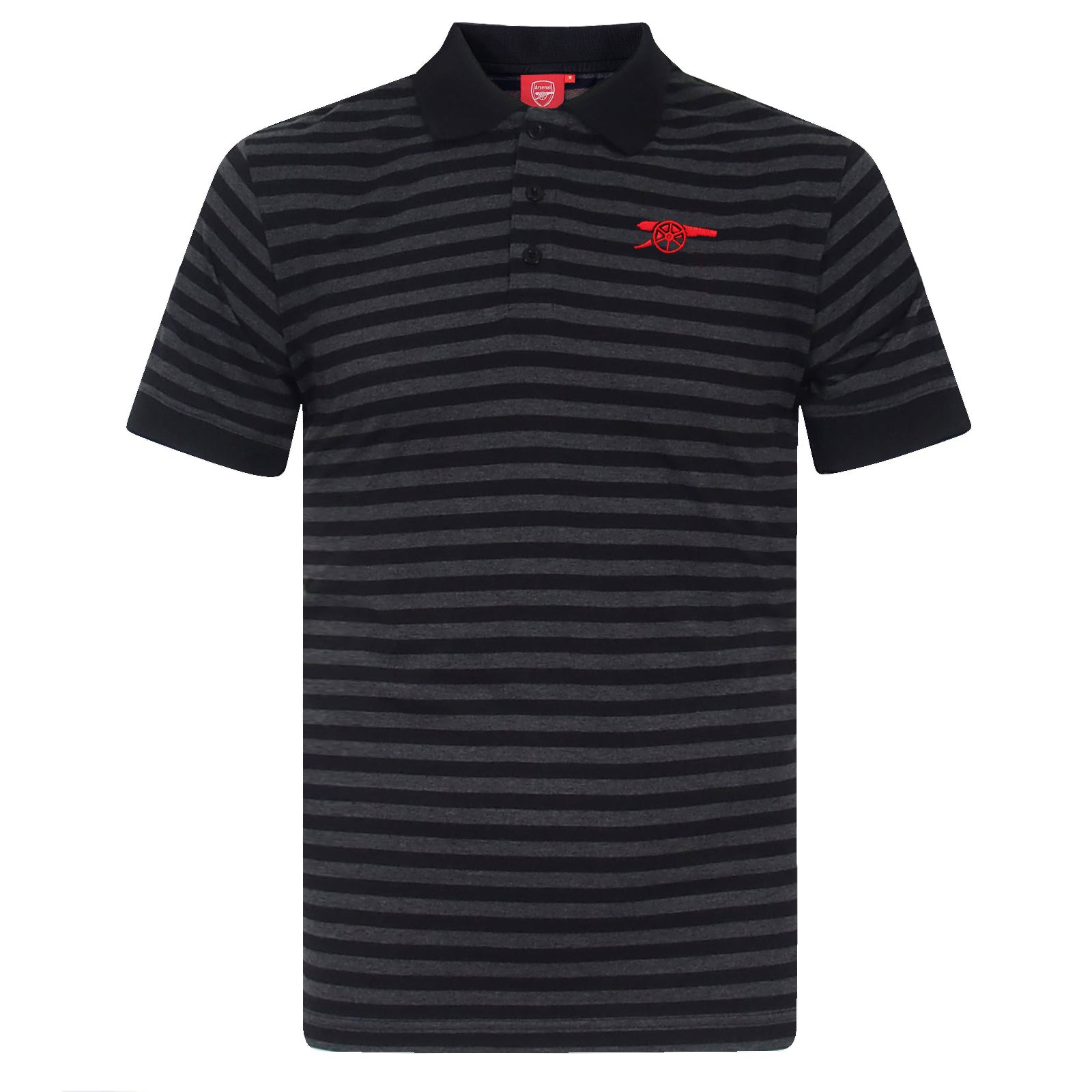 Arsenal adults striped polo shirt for adults in black & grey with club crest to chest.