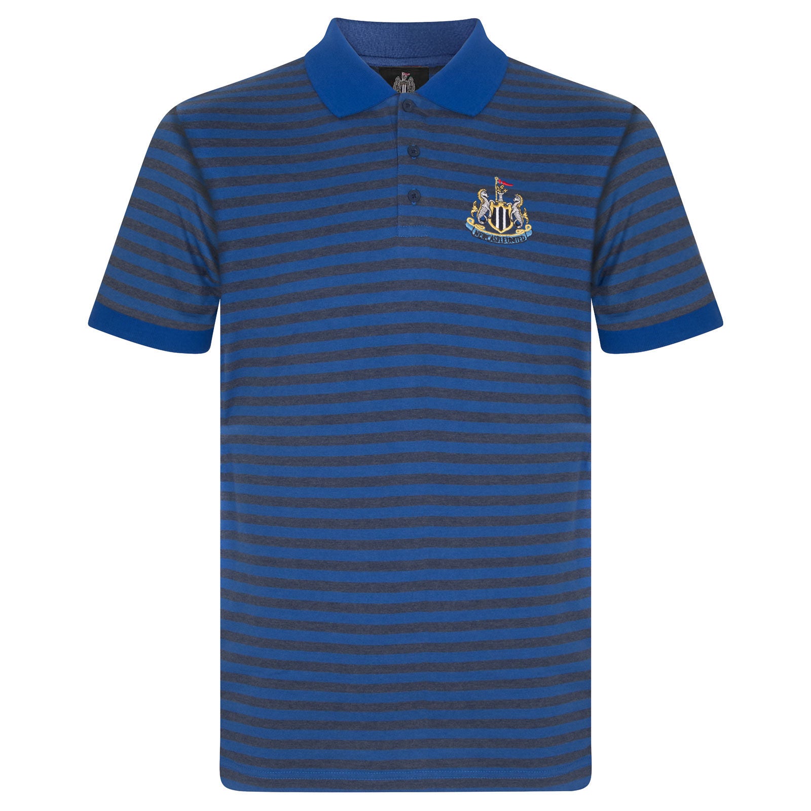 Newcastle Utd adults striped polo shirt in blue with club crest to chest.