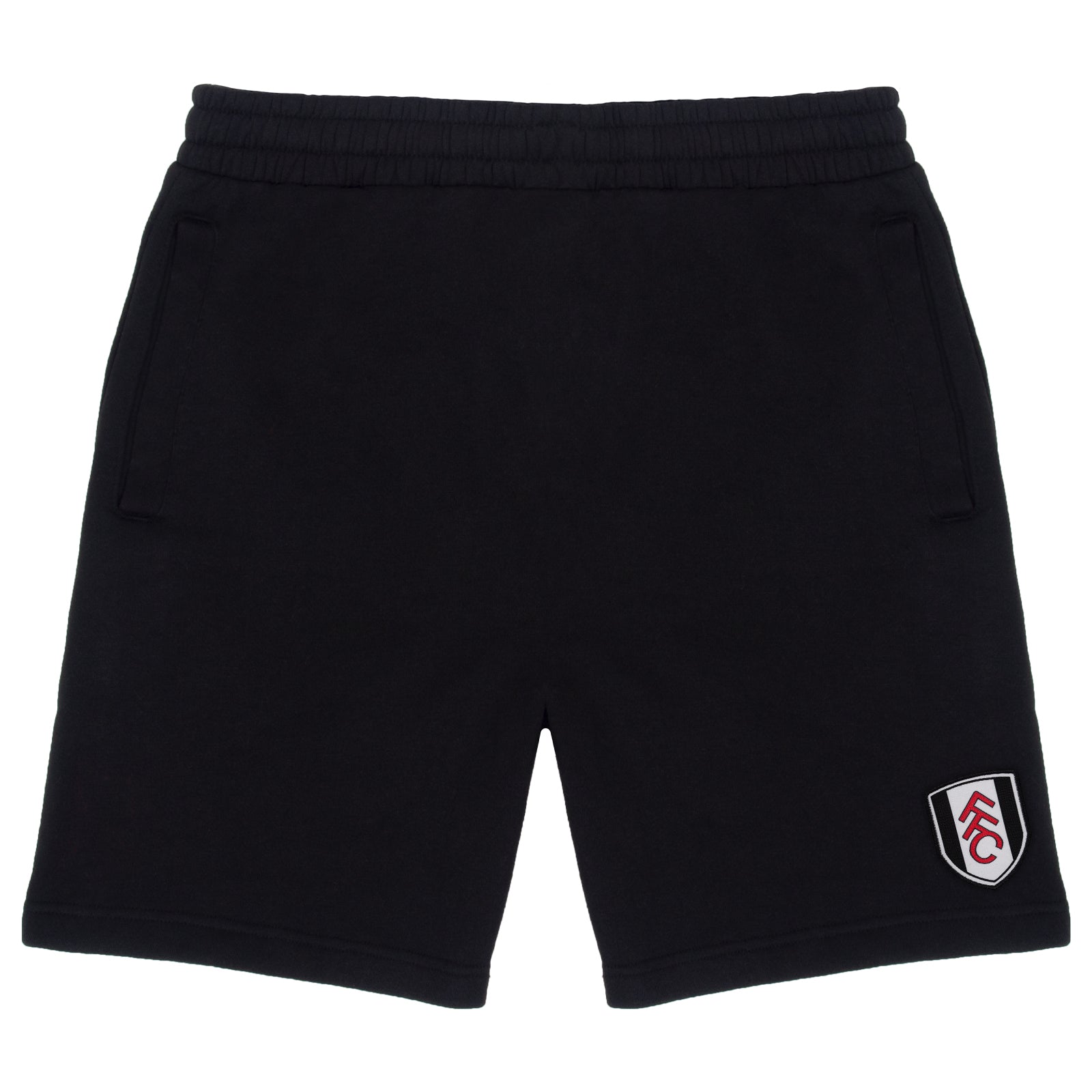 Fulham adults fleece shorts in black with crest to left leg and pockets to front & back.