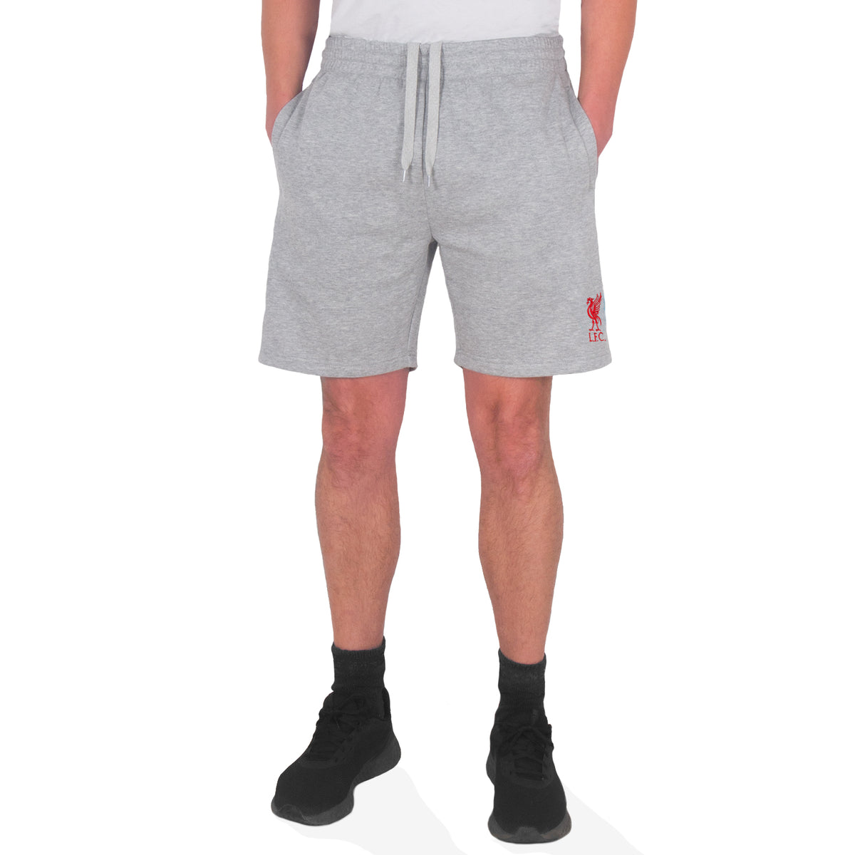 Liverpool adults fleece shorts in grey with crest to left leg and pockets to front & back.