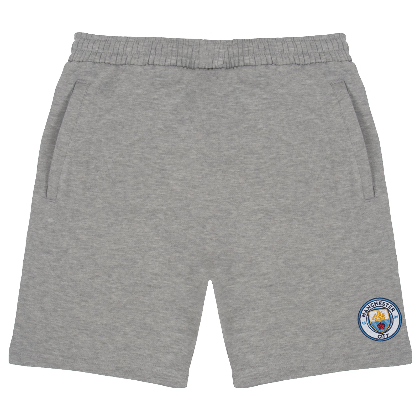 Man City adults fleece shorts in grey with crest to left leg and pockets to front & back.
