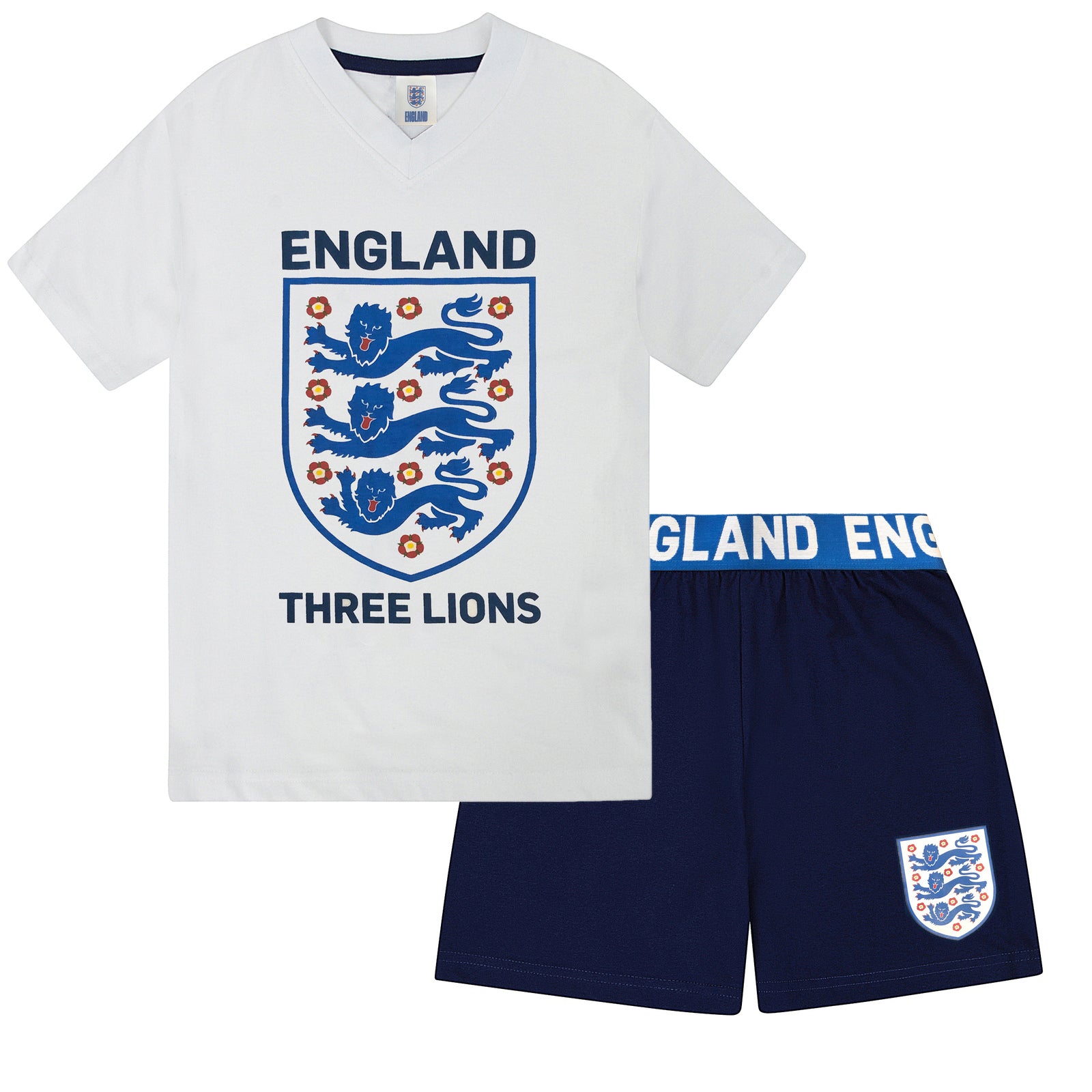 England kids pyjamas in white. Short sleeve top with graphic and shorts with 3 Lions logo to the left leg.