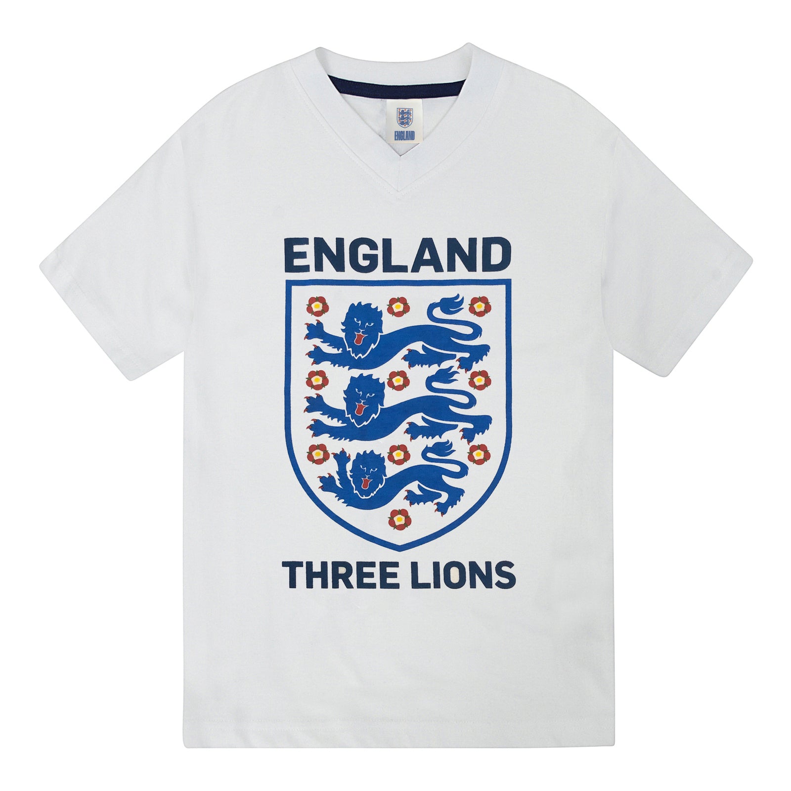 England kids pyjamas in white. Short sleeve top with graphic and shorts with 3 Lions logo to the left leg.