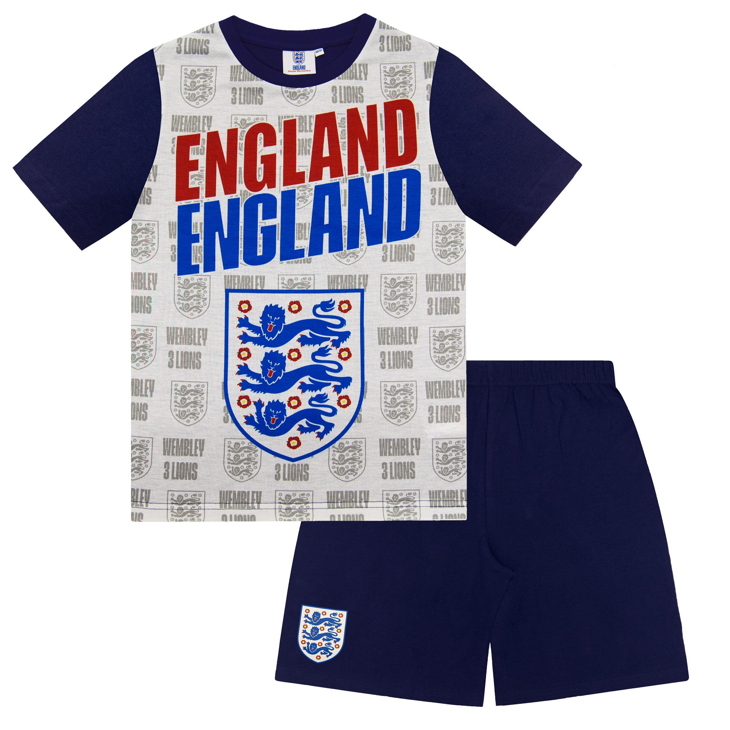 England kids pyjamas in white. Short sleeve top with graphic and shorts with 3 Lions logo to the left leg.