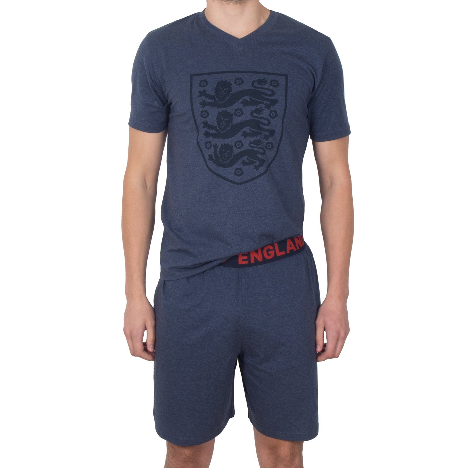 England adults short pyjamas in navy marl. T-shirt and shorts set featuring the three lions crest plus 'ENGLAND text to the waistband