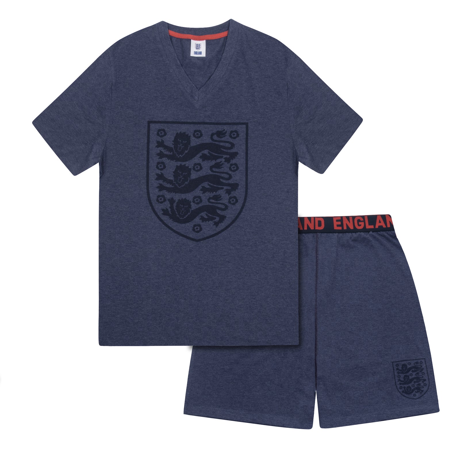 England adults short pyjamas in blue. Short sleeved top with three lions crest & text