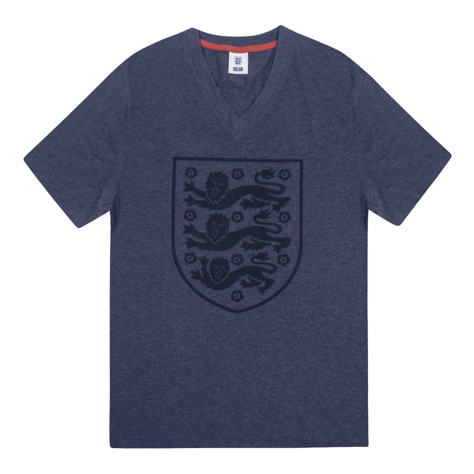 England adults short pyjamas in navy marl. T-shirt and shorts set featuring the three lions crest plus 'ENGLAND text to the waistband