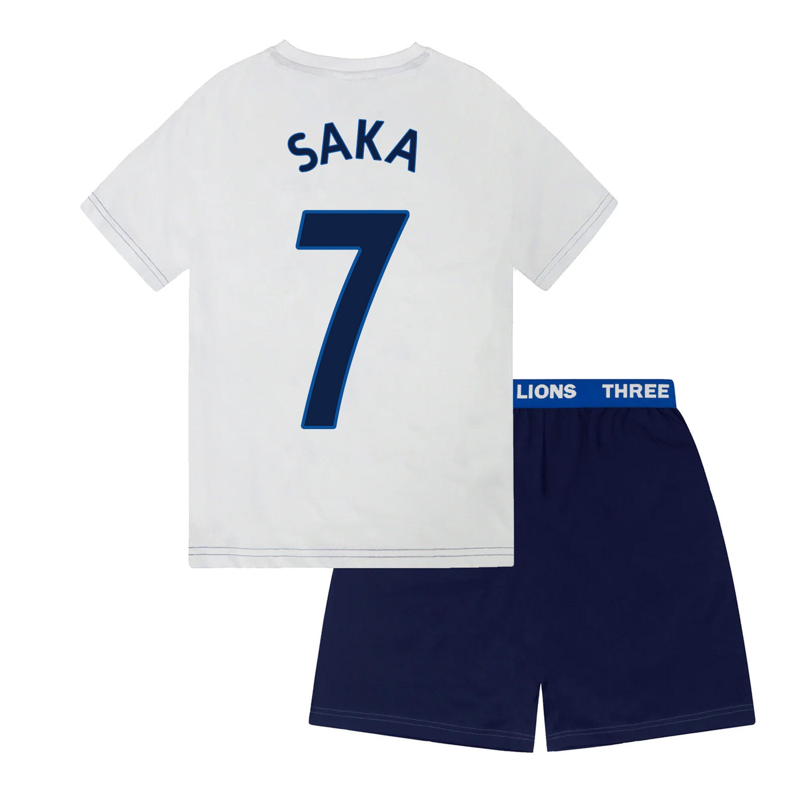 England kids pyjamas in white. Short sleeve top with graphic and shorts with 3 Lions logo to the left leg.