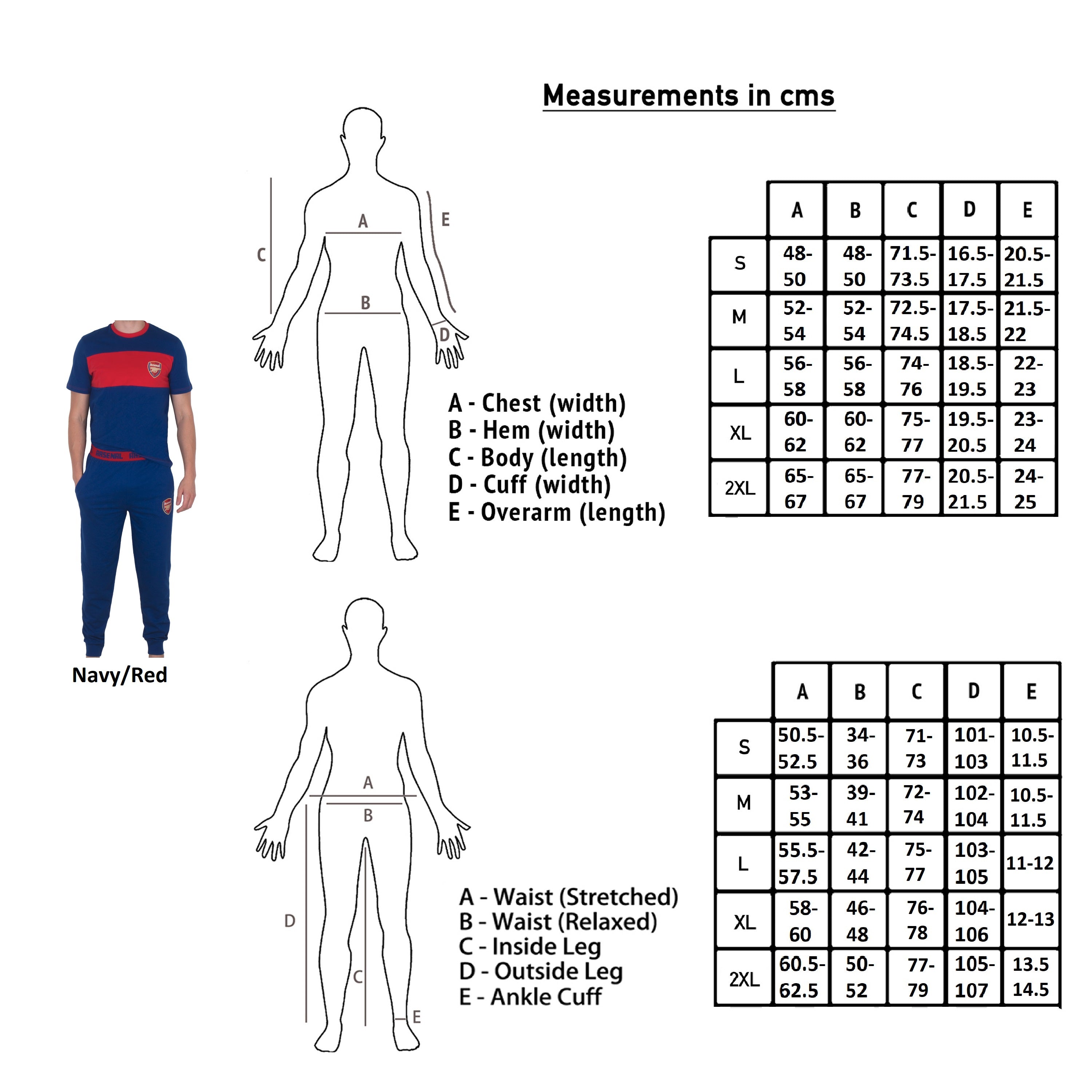 Arsenal adults long pyjamas in navy & red. Two-tone short sleeve top with club crest and long bottoms with crest.