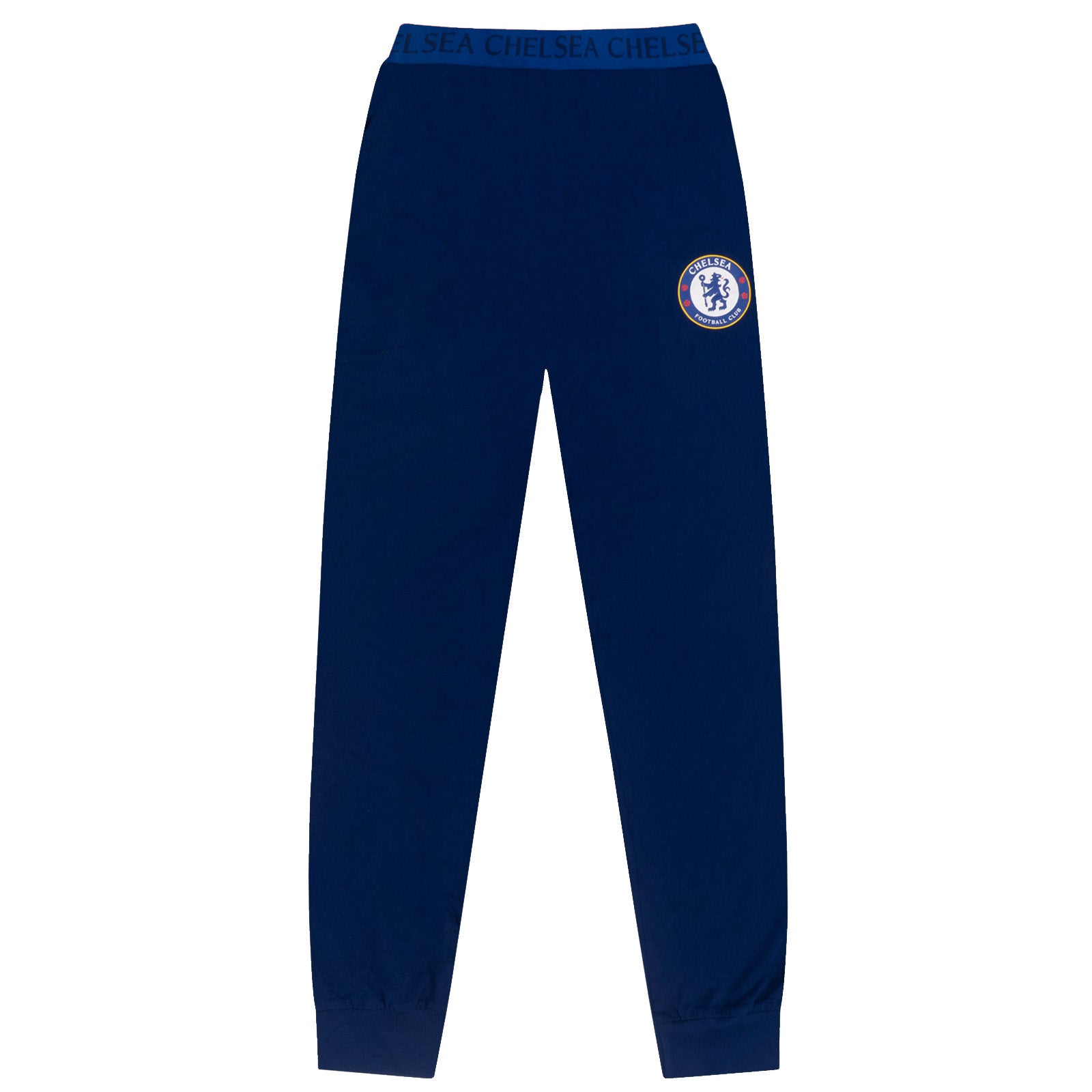 Chelsea adults long pyjamas in blue. Short sleeve top featuring club crest to chest. Long bottoms with club crest to leg and CHELSEA text on the waistband