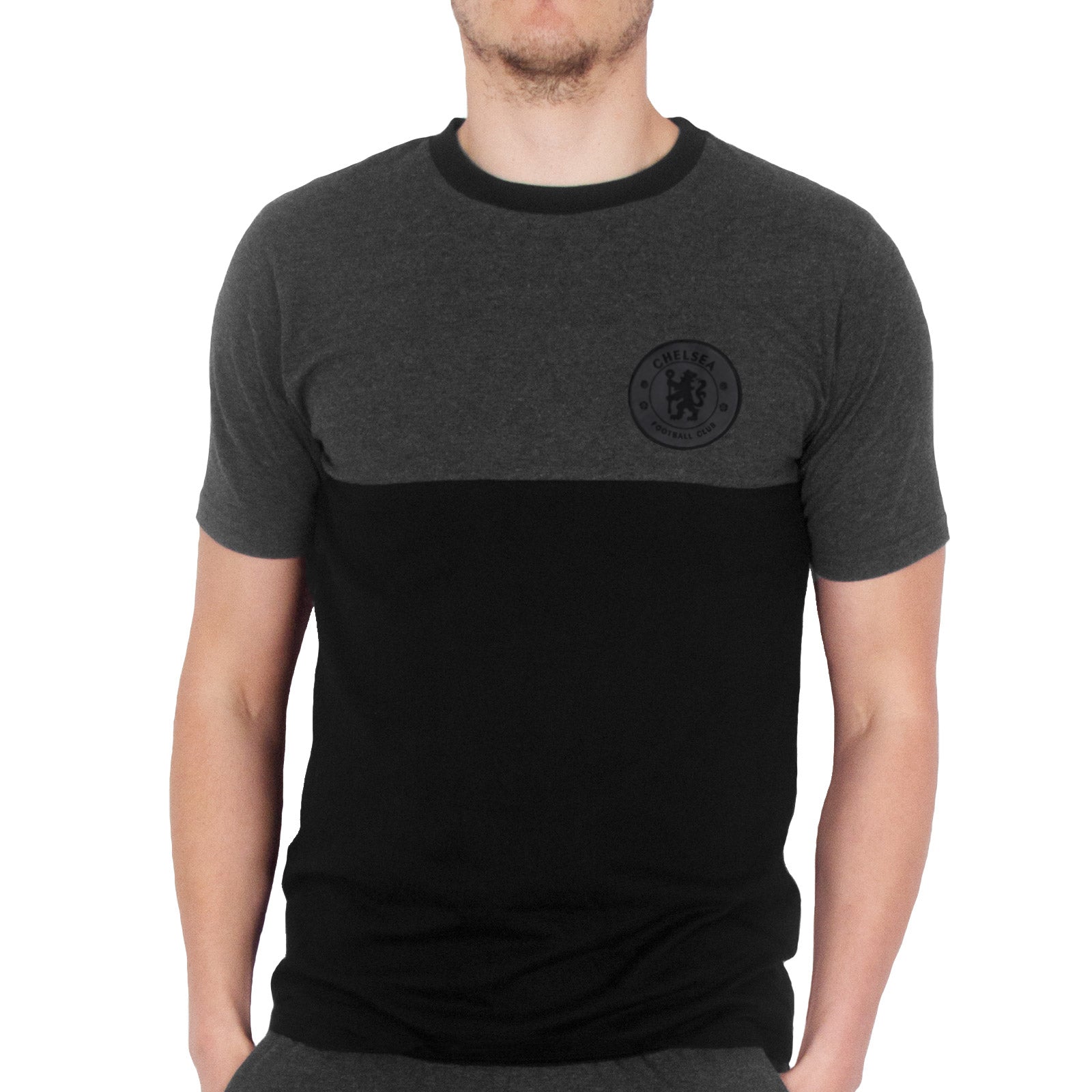Chelsea adults long yjamas in navy blue. Two-tone short sleeve top with club crest and long pyjama bottoms with badge